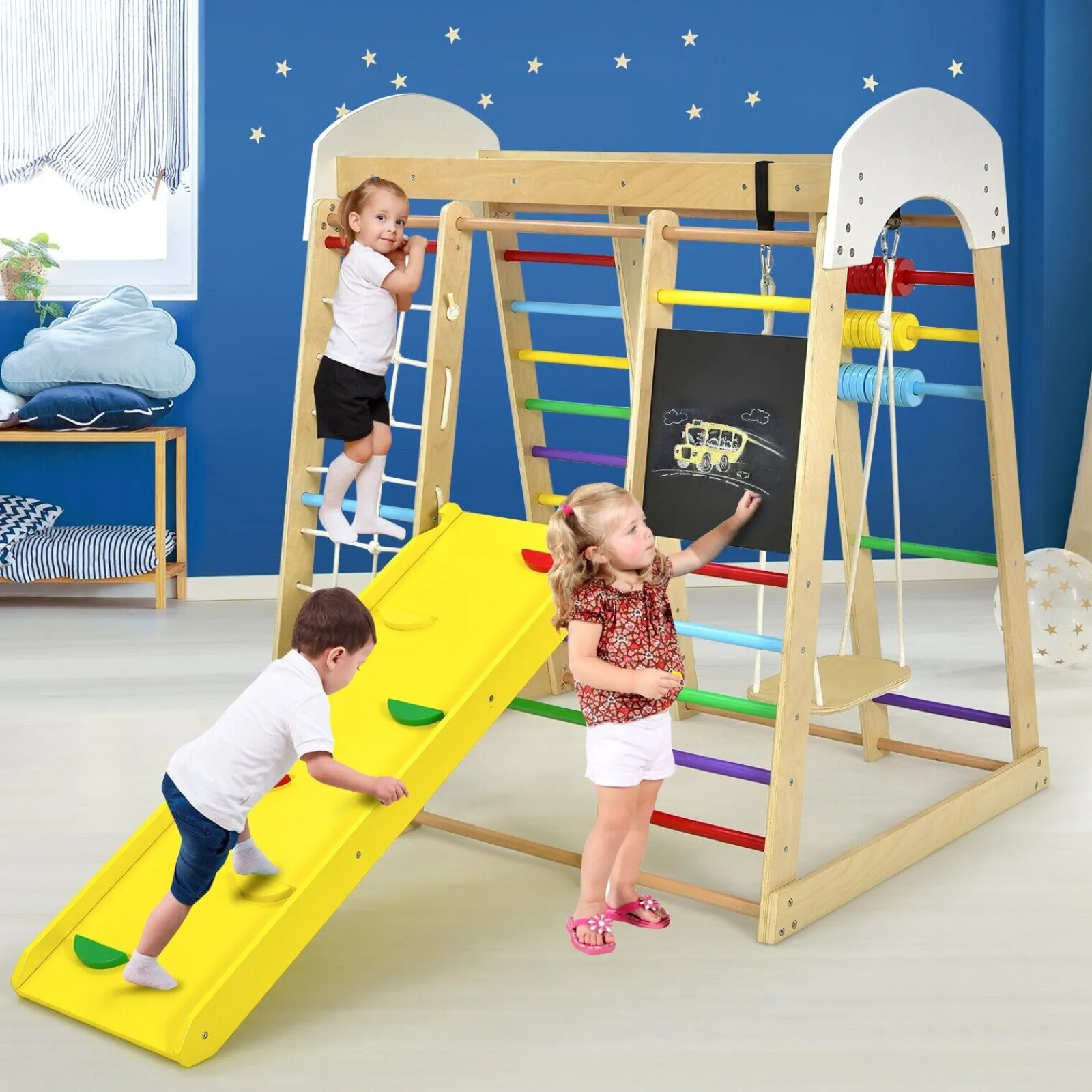 Kinder Little Helper 8-in-1-Klettergerät aus Öko-Holz für Kinder im Montessori-Stil mit Schaukel | Rutsche | Kletterwand | Klettergerüst und mehr | Ab 3 Jahren