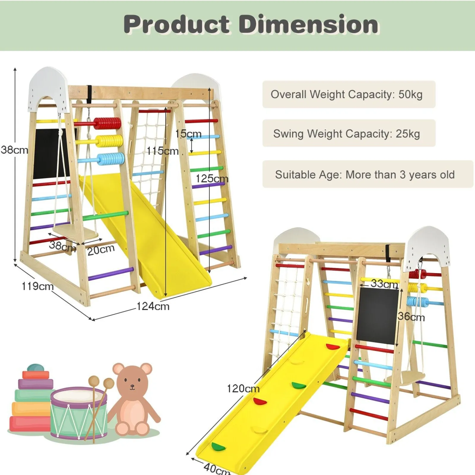 Kinder Little Helper 8-in-1-Klettergerät aus Öko-Holz für Kinder im Montessori-Stil mit Schaukel | Rutsche | Kletterwand | Klettergerüst und mehr | Ab 3 Jahren