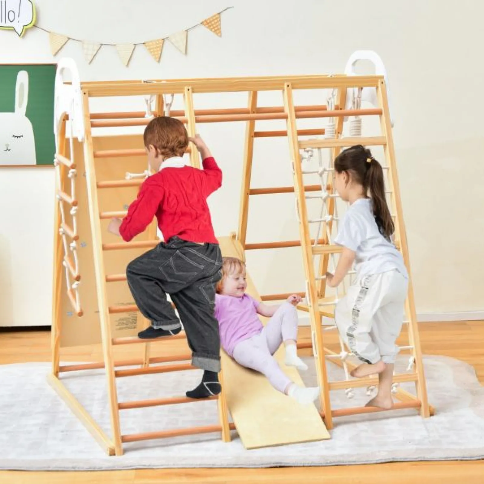 Kinder Little Helper 8-in-1-Klettergerät aus Öko-Holz für Kinder mit Schaukel | Rutsche | Kletterwand | Klettergerüst | Natur | Ab 3 Jahren