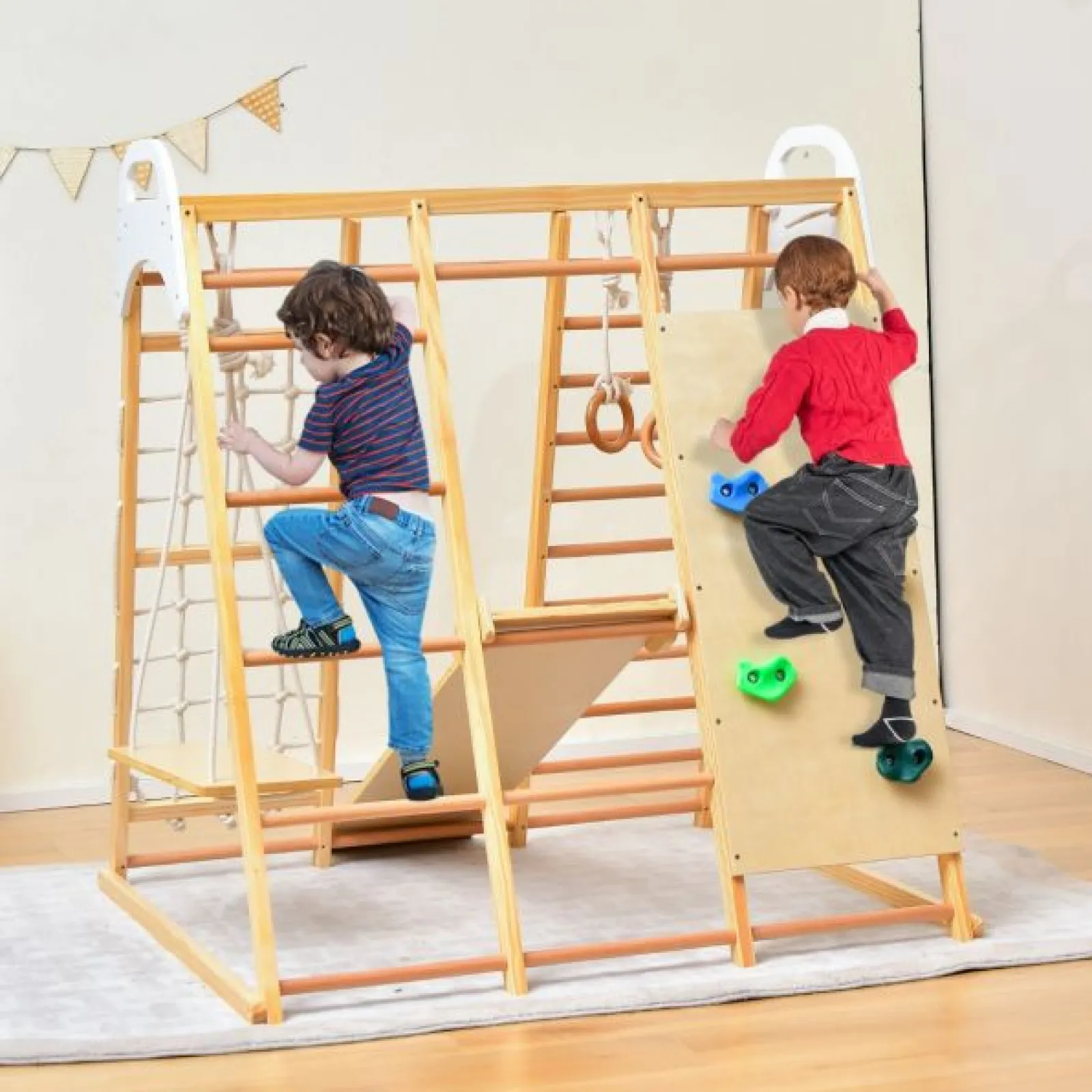 Kinder Little Helper 8-in-1-Klettergerät aus Öko-Holz für Kinder mit Schaukel | Rutsche | Kletterwand | Klettergerüst | Natur | Ab 3 Jahren