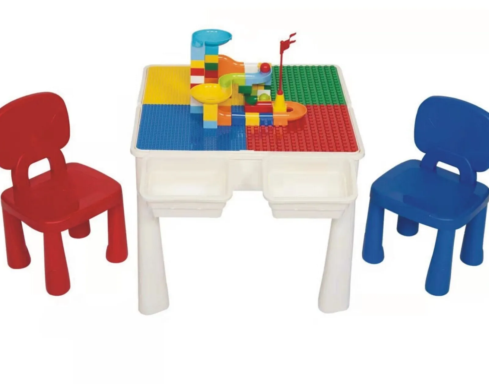 Kinder Little Helper 4-in-1-Mehrzweck-Lego aus Kunststoff für Kinder | Duplo-Tisch | Wendbarer Schreibtisch | Sand- und Wassertisch | 2 Stühle und 100 Bausteine