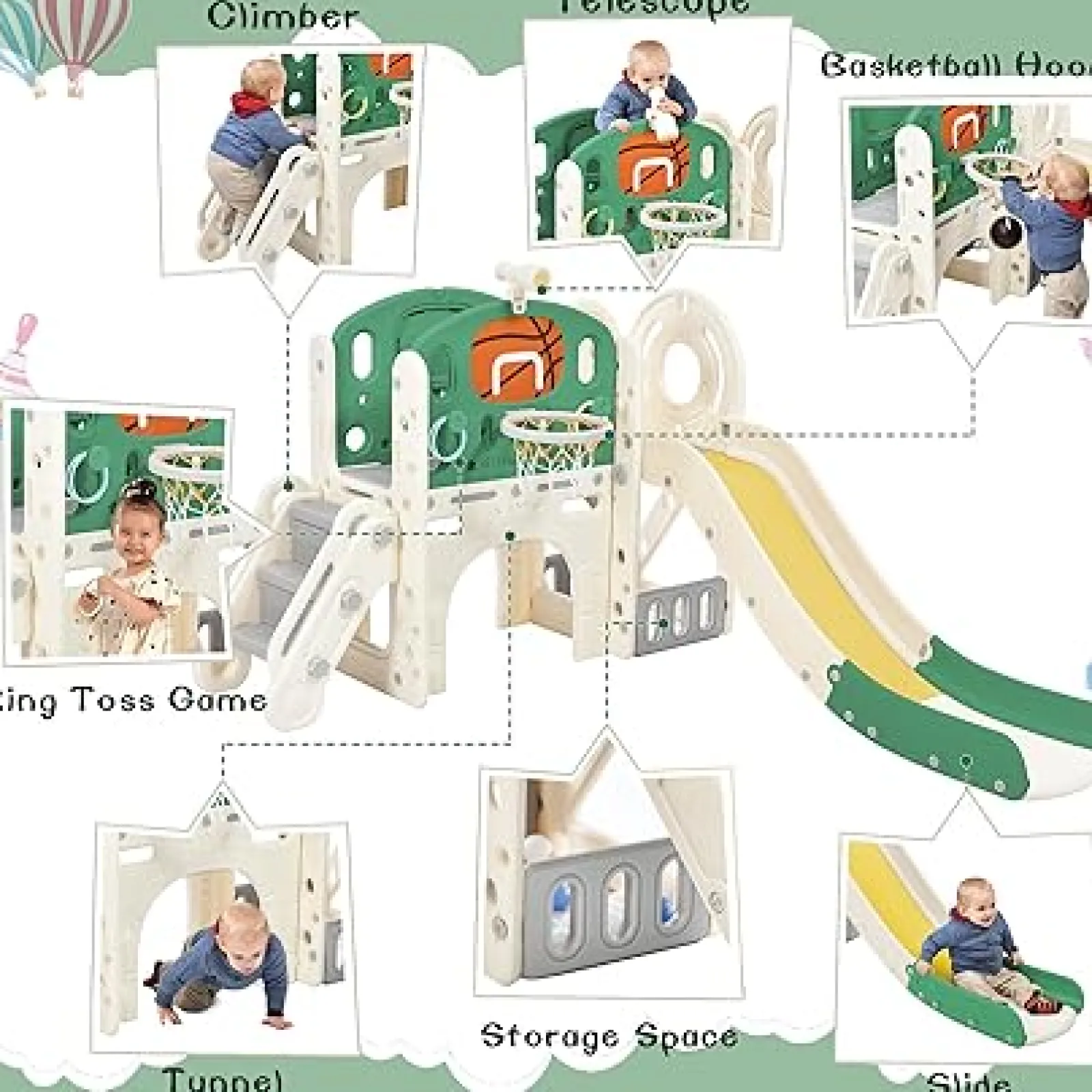 Little Helper 7-in-1-Montessori-Folienset für Kinder | Basketballkorb | Burgwarte mit Teleskop | Kletterer | Ringwurf