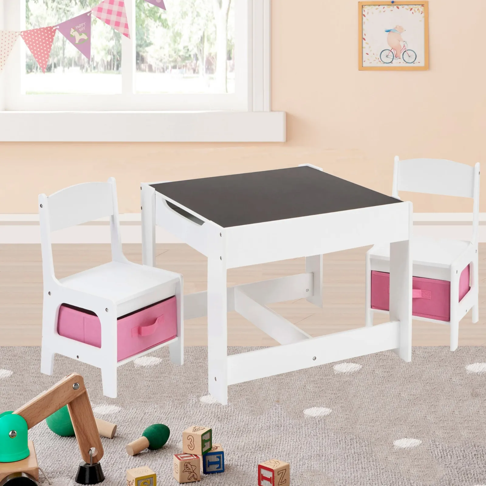 Kinder Little Helper 4-in-1-Montessori-Tisch und Stühle für Kinder | Wendeoberteil | Tafel | Rosa Aufbewahrungsschubladen