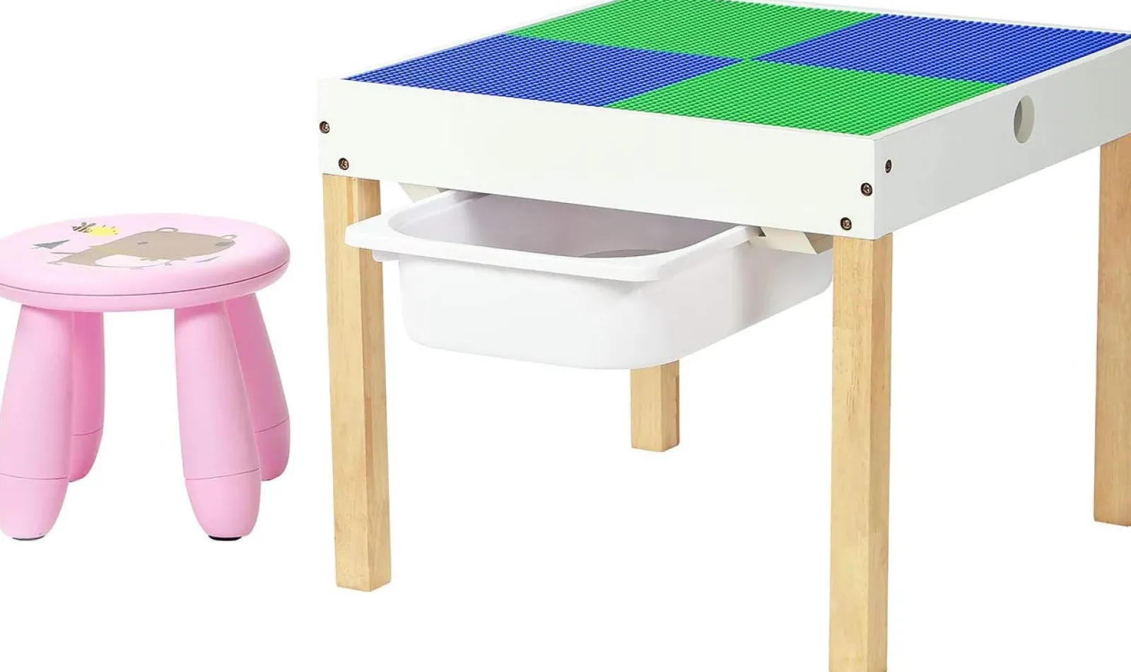 Kinder Little Helper 4-in-1-Multifunktionstisch aus Holz für Kinder | Wendbare Schreibtischplatte | Tafelschreibtisch | Aufbewahrung | Rosa Hocker