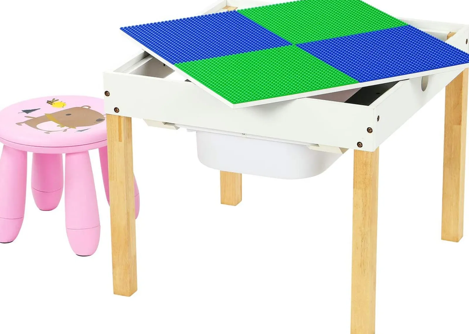 Kinder Little Helper 4-in-1-Multifunktionstisch aus Holz für Kinder | Wendbare Schreibtischplatte | Tafelschreibtisch | Aufbewahrung | Rosa Hocker