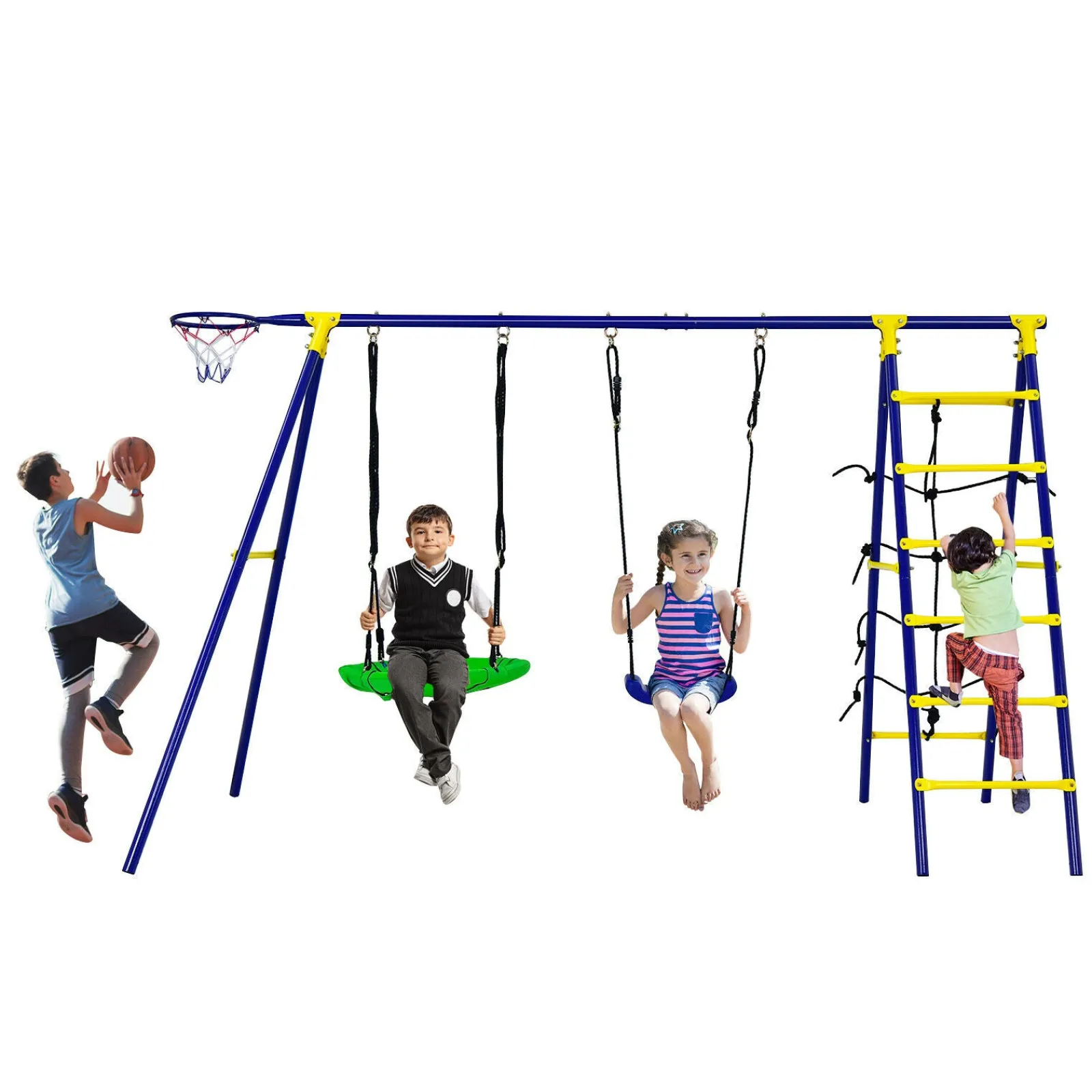 Little Helper 7-in-1-Rostschutz-Schaukelset für Kinder mit 2 Schaukeln | Kletterleiter & Netz und Basketballkorb |