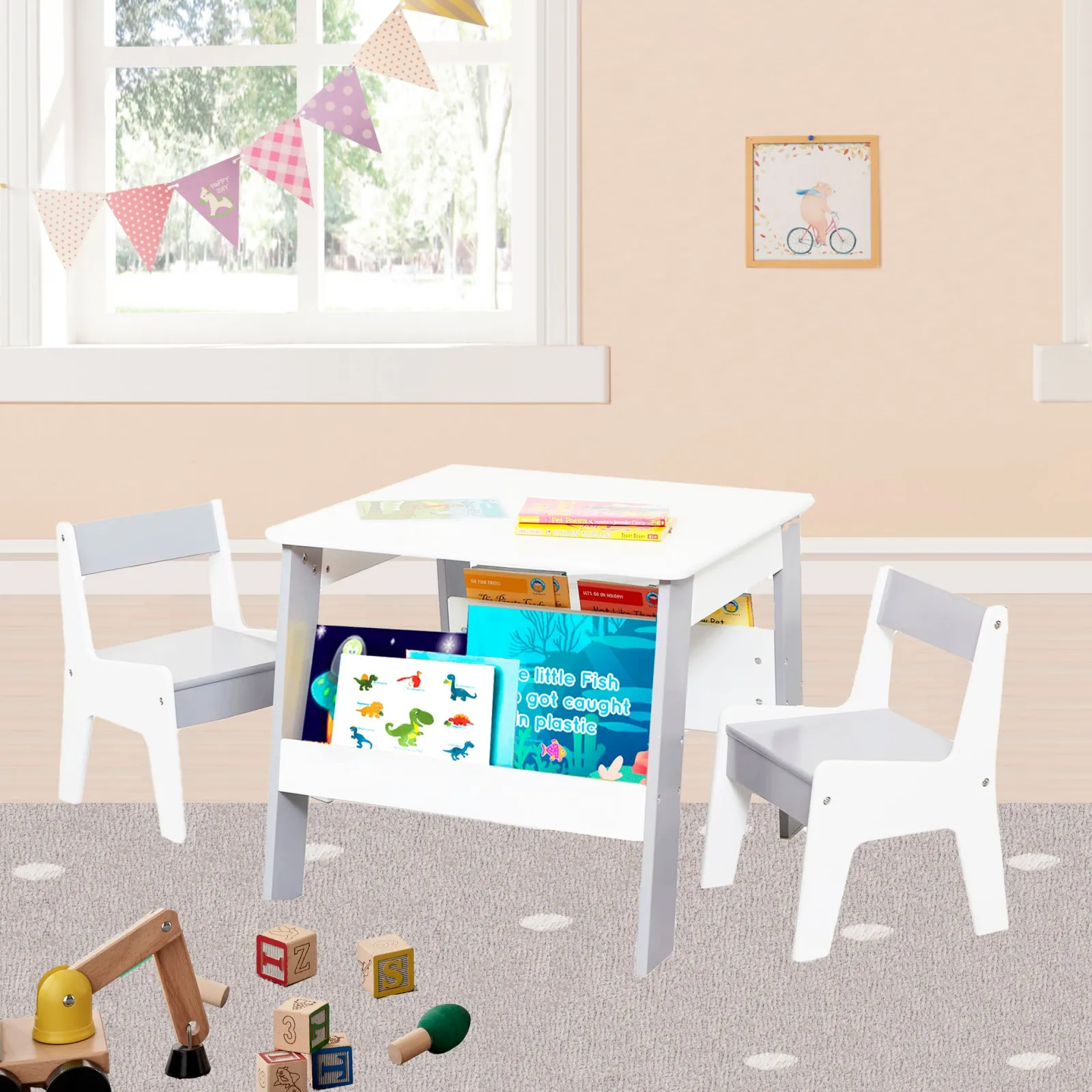 Kinder Little Helper 2-in-1-Set aus Kindertisch und 2 Stühlen | Bücherregal und Aufbewahrung | Weiß und Grau