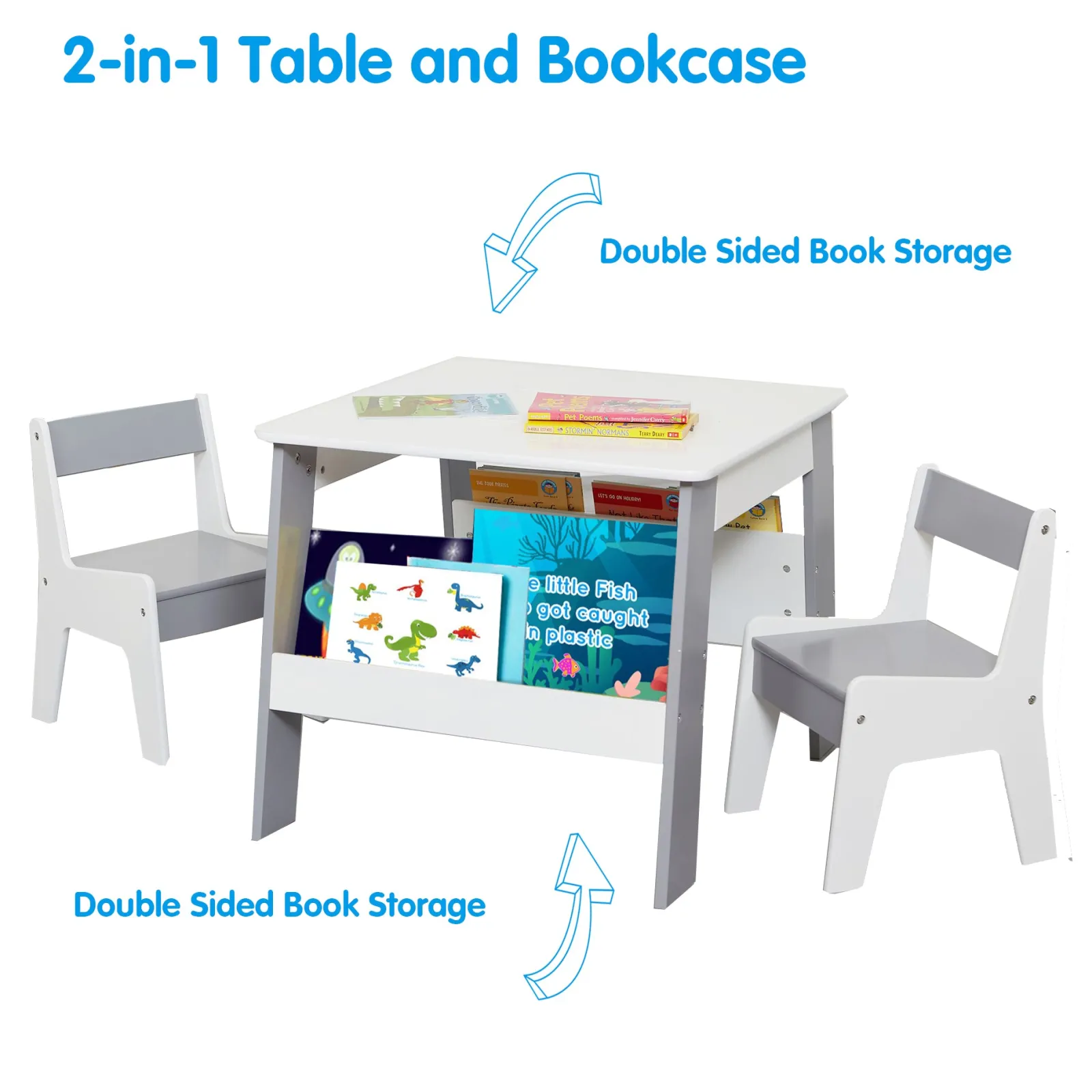 Kinder Little Helper 2-in-1-Set aus Kindertisch und 2 Stühlen | Bücherregal und Aufbewahrung | Weiß und Grau