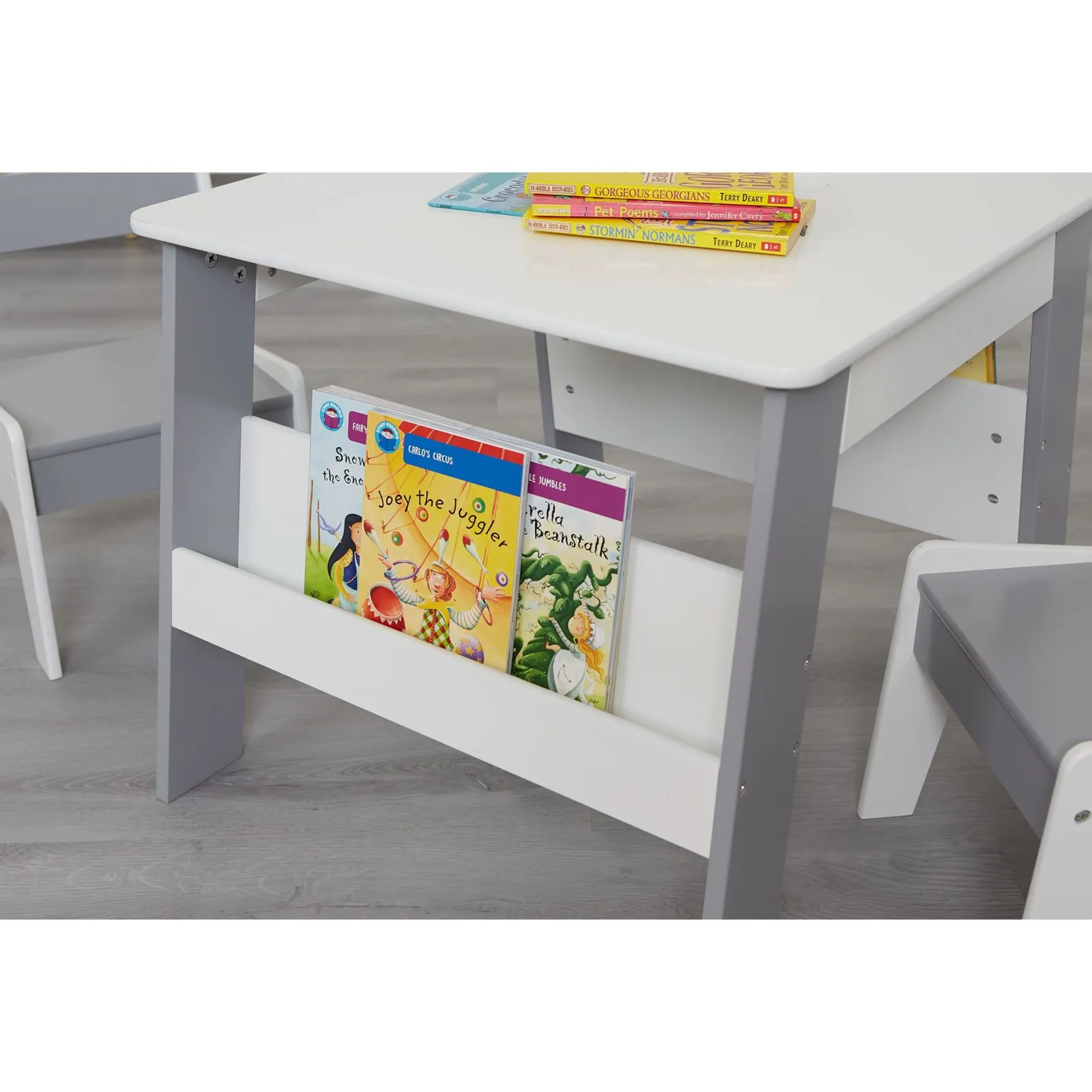 Kinder Little Helper 2-in-1-Set aus Kindertisch und 2 Stühlen | Bücherregal und Aufbewahrung | Weiß und Grau