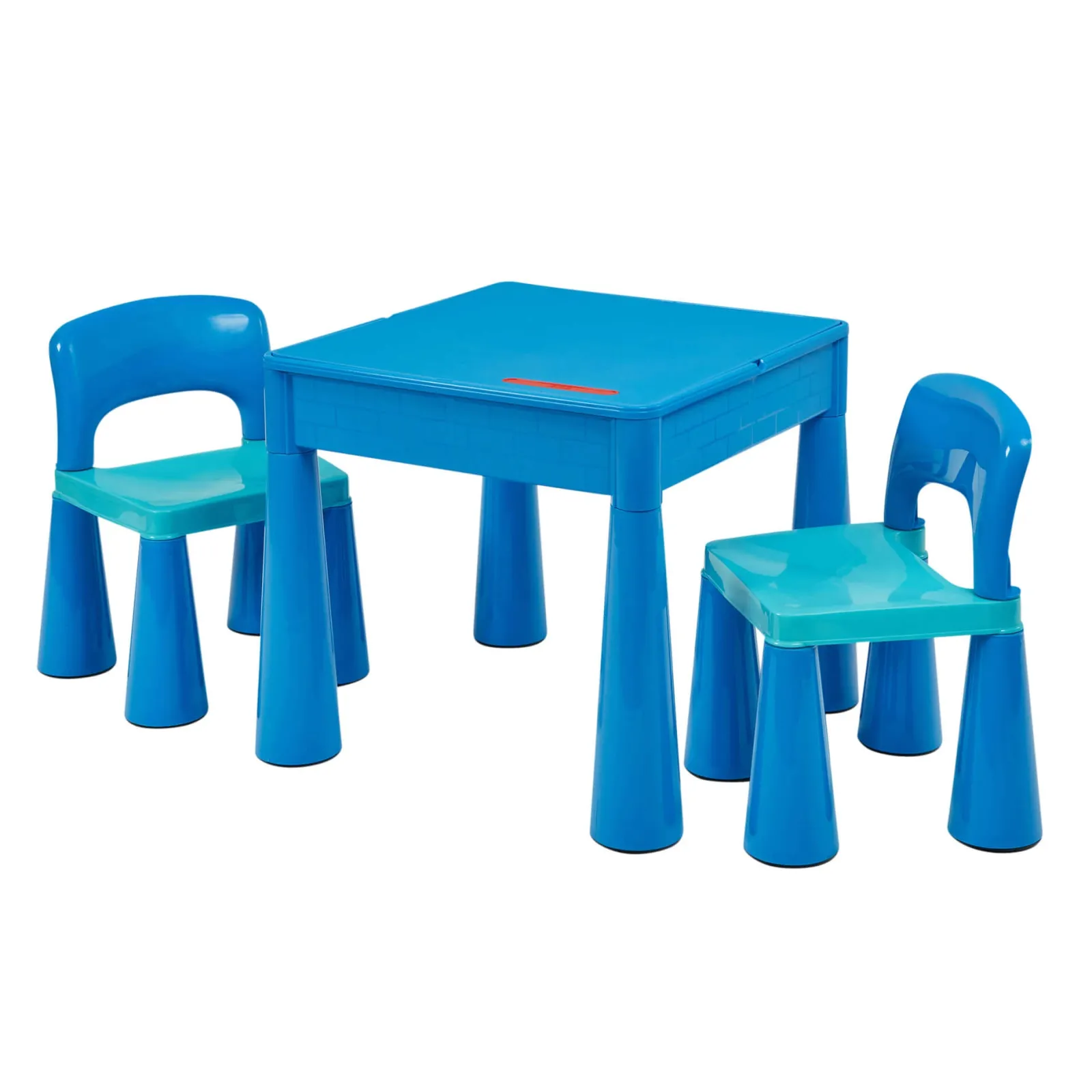 Kinder Little Helper 4-in-1-Set aus Kunststoff mit Tisch und 2 Stühlen für drinnen und draußen | Lego-Brett | Sand- und Wasserkasten | Blau