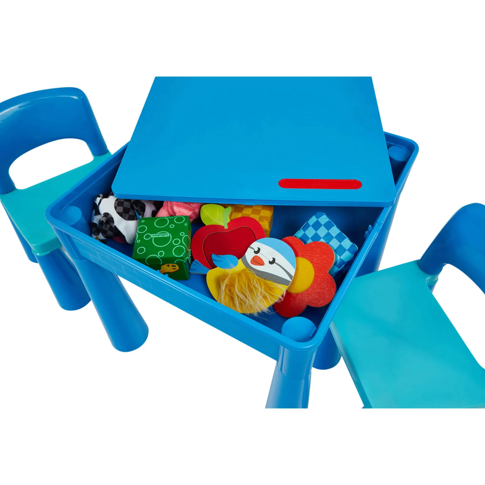 Kinder Little Helper 4-in-1-Set aus Kunststoff mit Tisch und 2 Stühlen für drinnen und draußen | Lego-Brett | Sand- und Wasserkasten | Blau