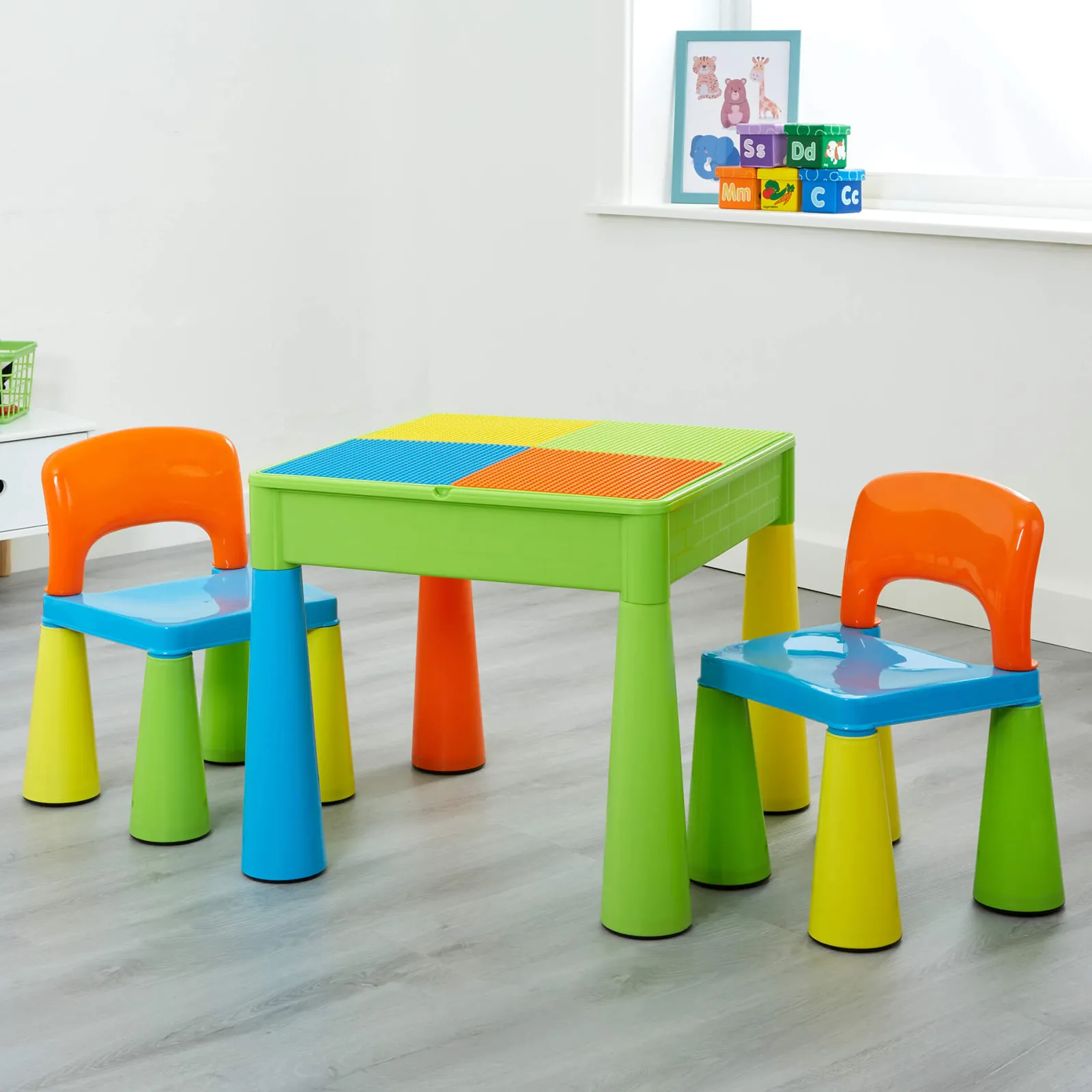 Kinder Little Helper 5-in-1-Set aus Tisch und 2 Stühlen für Kinder | Sand- und Wasserkasten | Lego | Trocken abwischbare Oberseite | Aufbewahrung