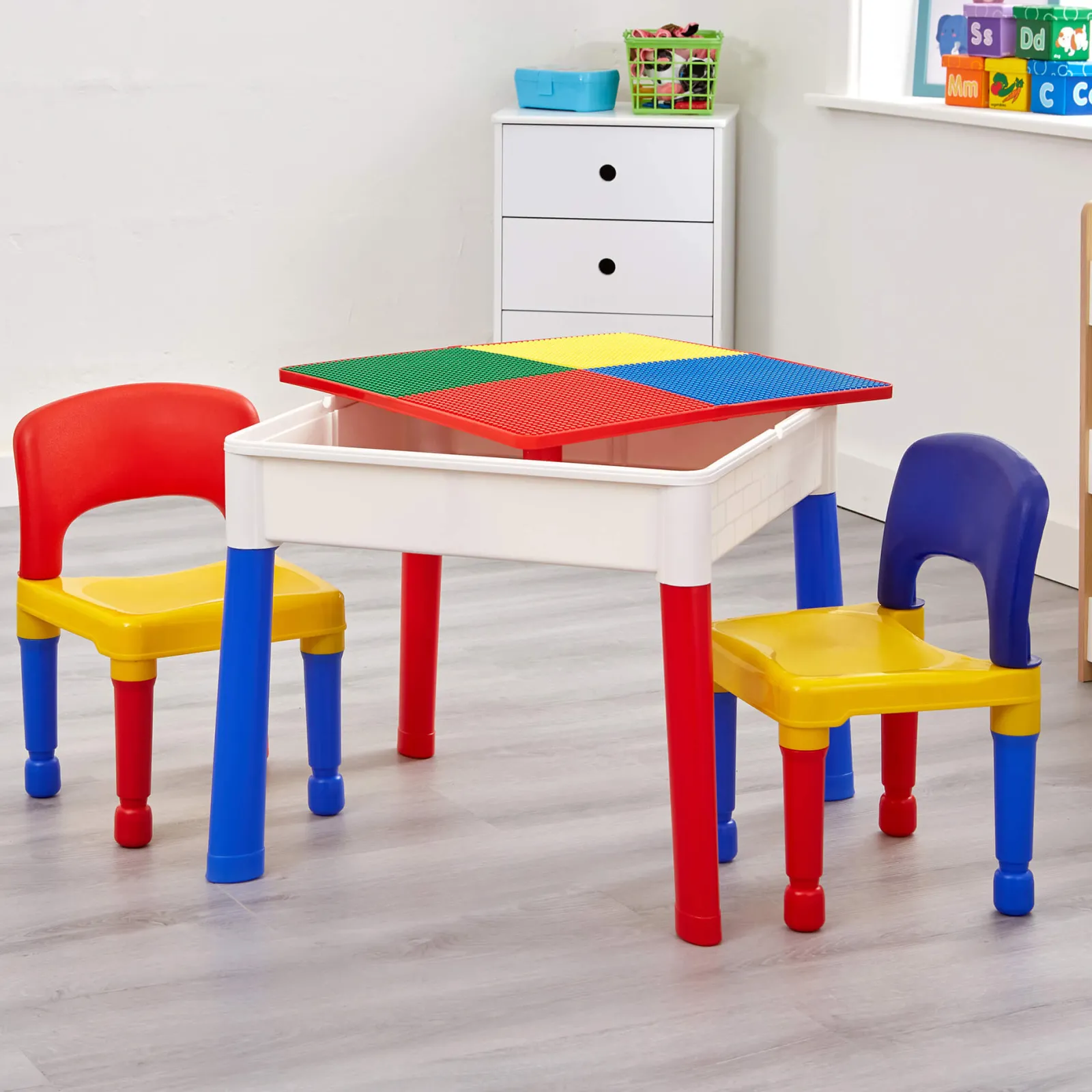 Kinder Little Helper 5-in-1-Set aus Tisch und 2 Stühlen für Kinder | Sand- und Wasserkasten | Lego | Trocken abwischbare Oberseite | Aufbewahrung