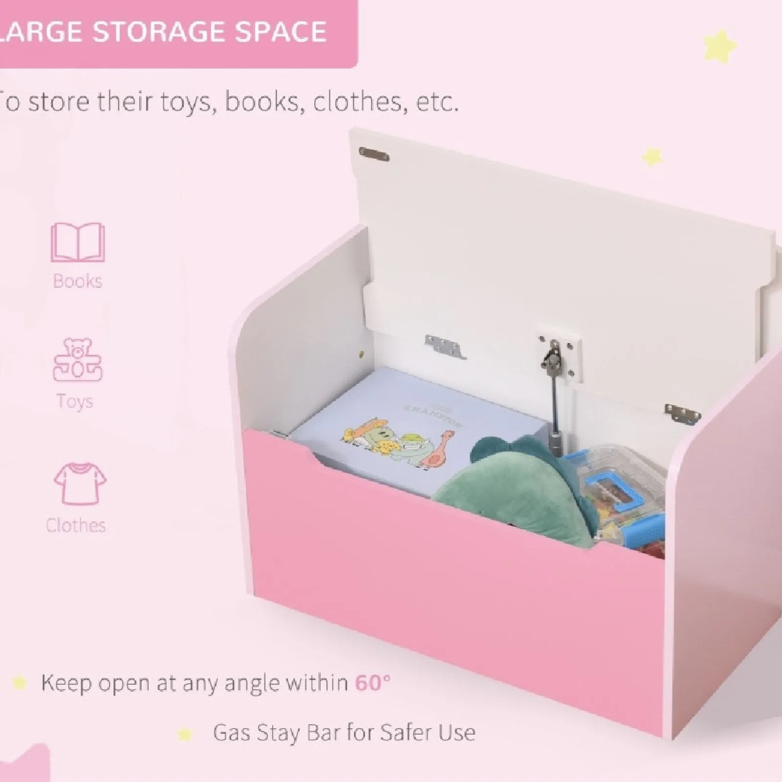 Kinder Little Helper 2-in-1-Spielzeugkiste und Sitz für Kinder | Sicherheitsscharnier mit langsamer Entriegelung | Weiß und Rosa | Ab 3 Jahren