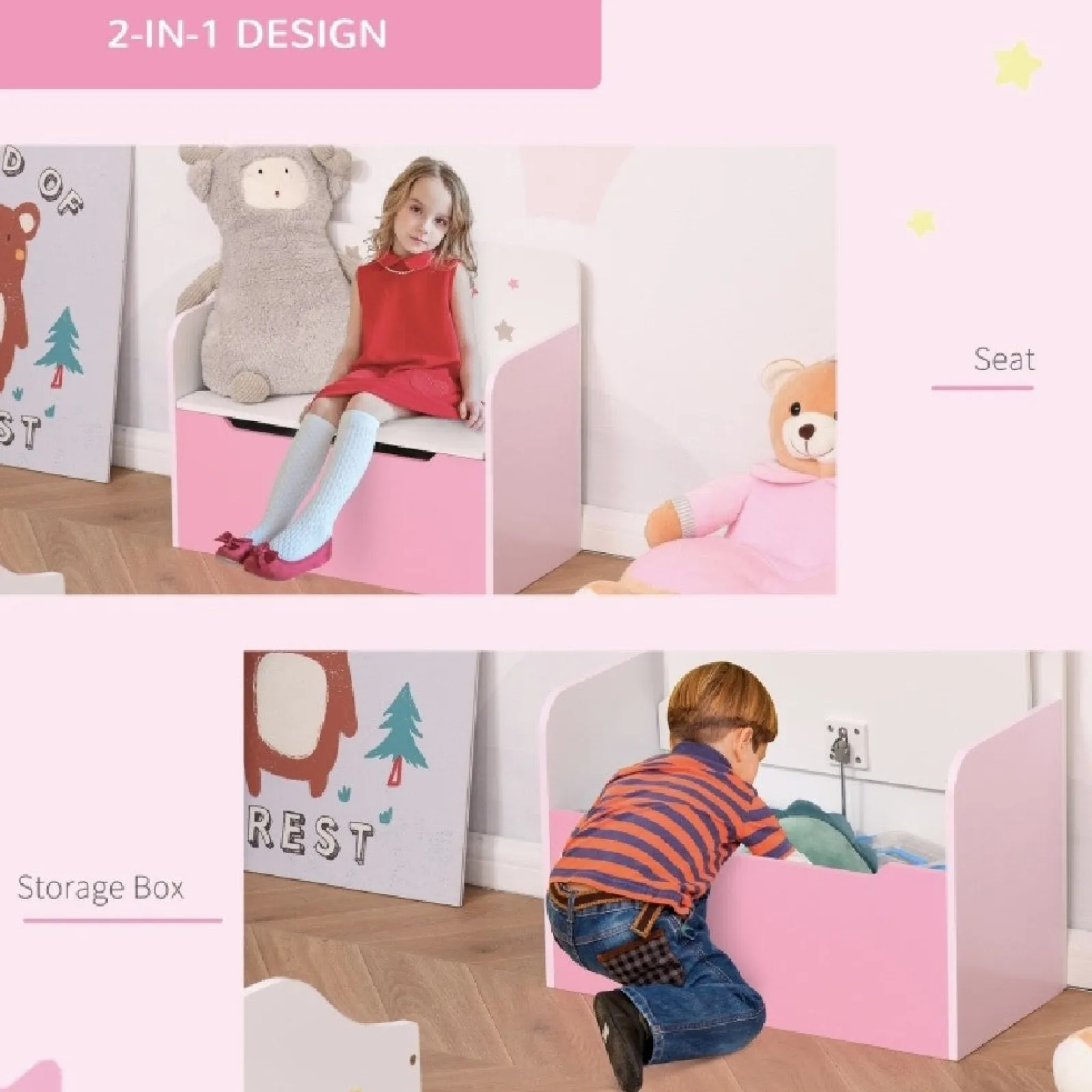 Kinder Little Helper 2-in-1-Spielzeugkiste und Sitz für Kinder | Sicherheitsscharnier mit langsamer Entriegelung | Weiß und Rosa | Ab 3 Jahren