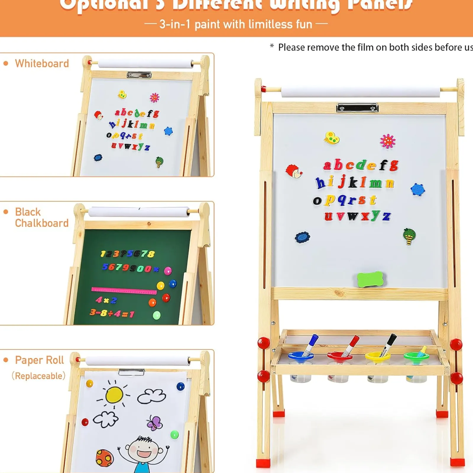 Kinder Little Helper 3-in-1-Staffelei aus Holz mit Höhenverstellung für Kinder | Papierrolle | Tafel und magnetisches Whiteboard | Ab 3 Jahren
