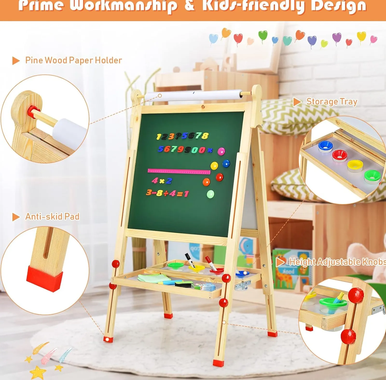 Kinder Little Helper 3-in-1-Staffelei aus Holz mit Höhenverstellung für Kinder | Papierrolle | Tafel und magnetisches Whiteboard | Ab 3 Jahren