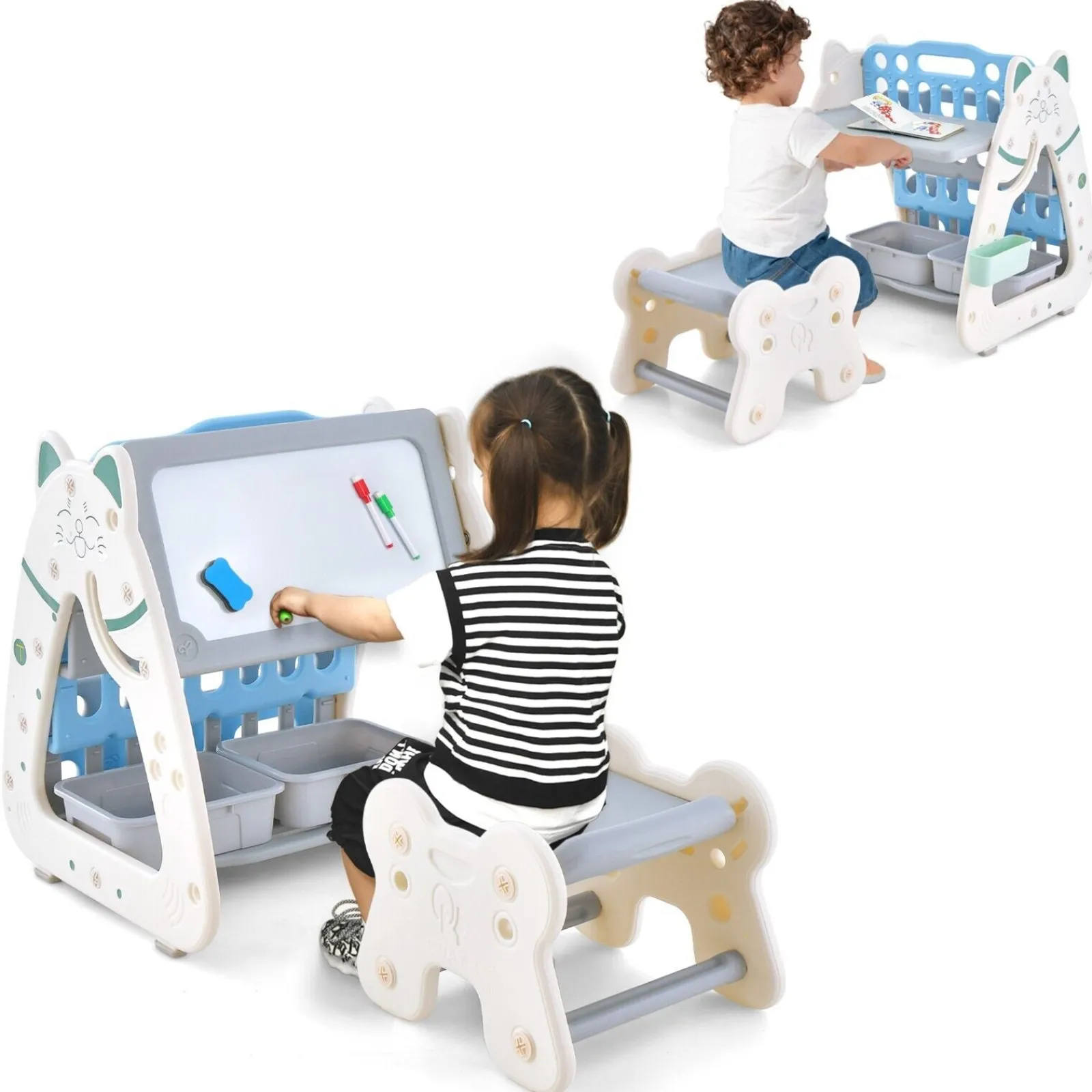 Kinder Little Helper 3-in-1-Staffelei für Kinder, höhenverstellbar, magnetisch, trocken abwischbar | Schreibtisch | Bücherregal und Hocker | Blau/Grau