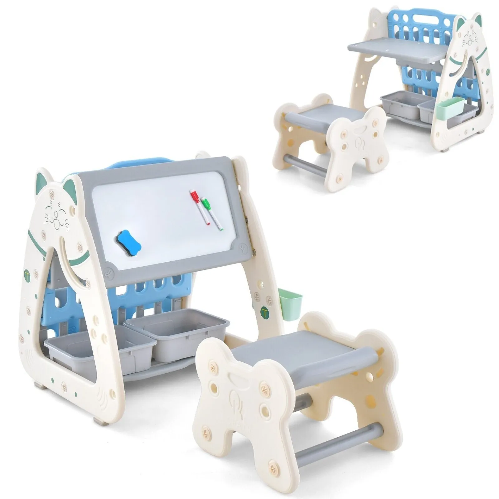 Kinder Little Helper 3-in-1-Staffelei für Kinder, höhenverstellbar, magnetisch, trocken abwischbar | Schreibtisch | Bücherregal und Hocker | Blau/Grau