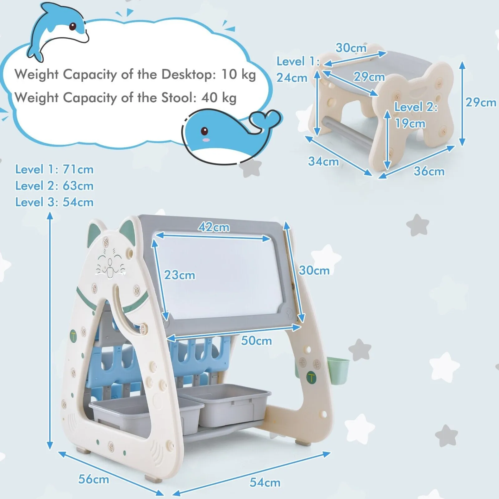 Kinder Little Helper 3-in-1-Staffelei für Kinder, höhenverstellbar, magnetisch, trocken abwischbar | Schreibtisch | Bücherregal und Hocker | Blau/Grau
