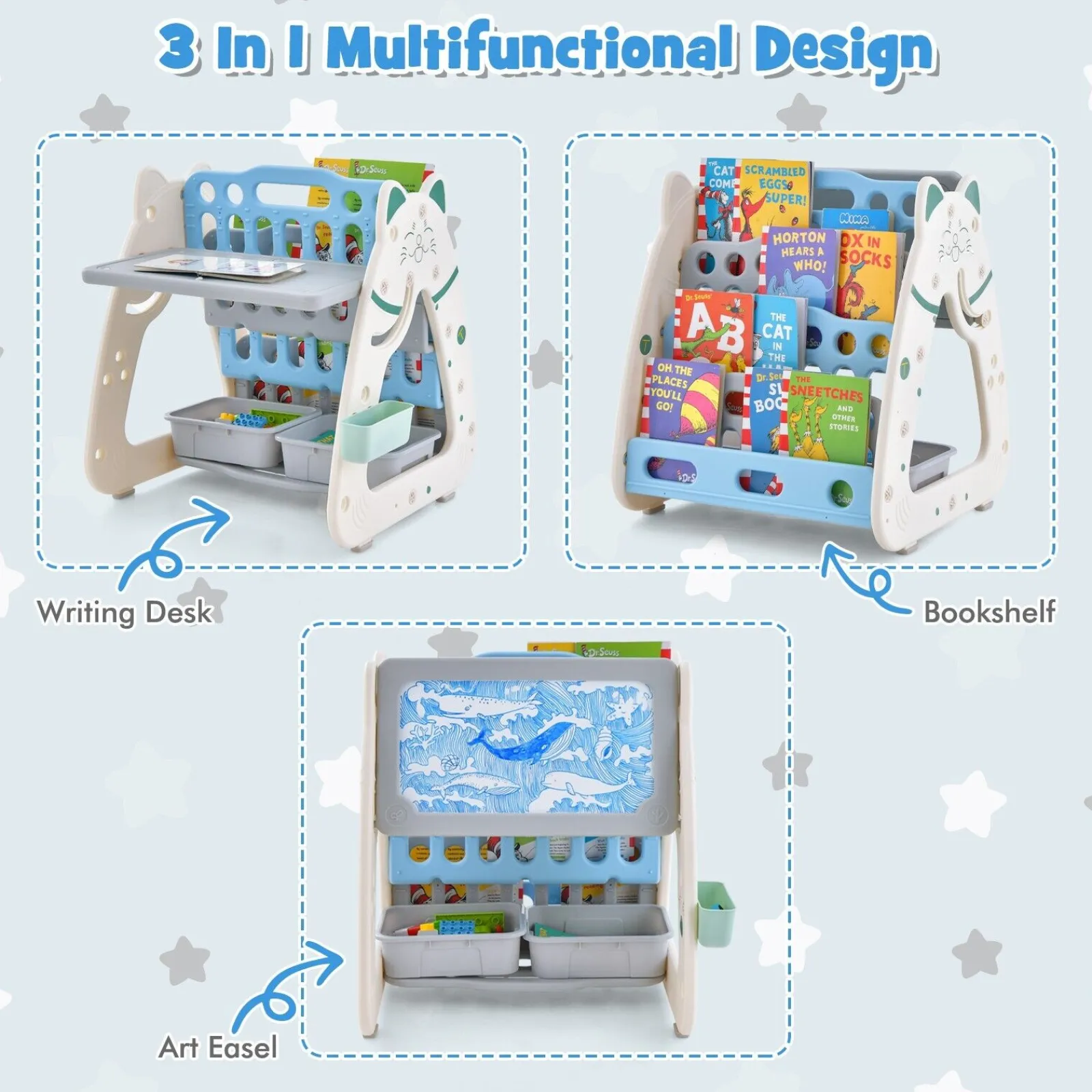 Kinder Little Helper 3-in-1-Staffelei für Kinder, höhenverstellbar, magnetisch, trocken abwischbar | Schreibtisch | Bücherregal und Hocker | Blau/Grau