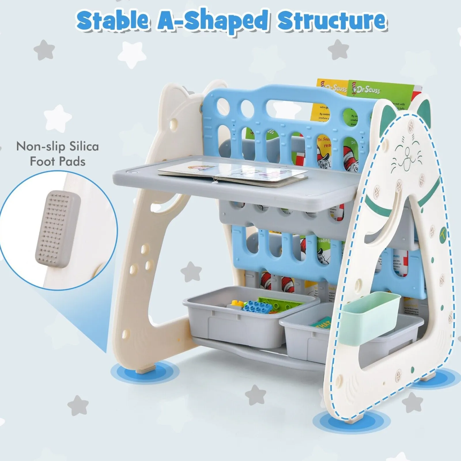 Kinder Little Helper 3-in-1-Staffelei für Kinder, höhenverstellbar, magnetisch, trocken abwischbar | Schreibtisch | Bücherregal und Hocker | Blau/Grau