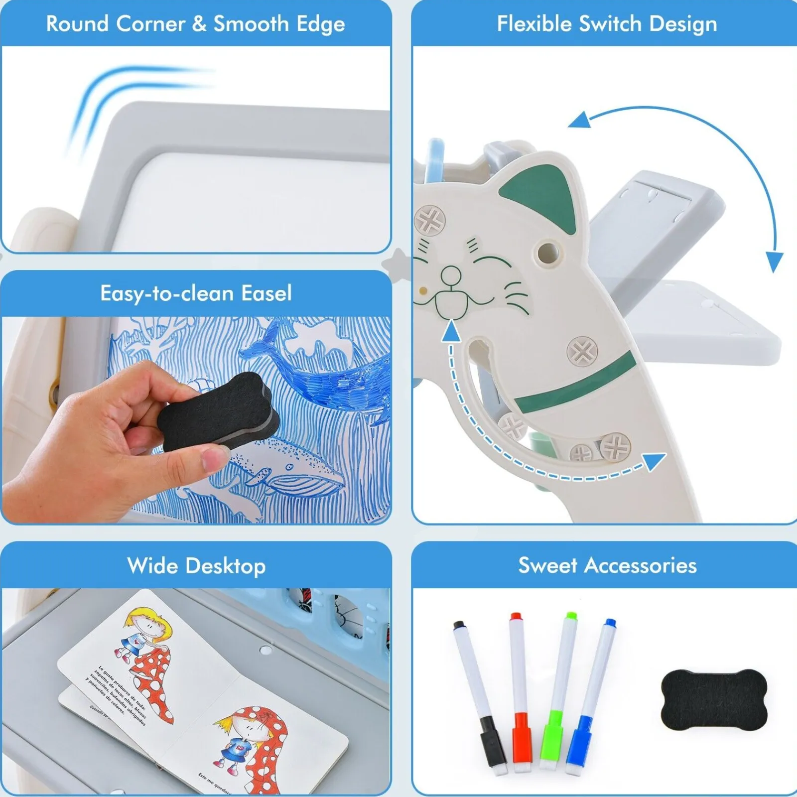Kinder Little Helper 3-in-1-Staffelei für Kinder, höhenverstellbar, magnetisch, trocken abwischbar | Schreibtisch | Bücherregal und Hocker | Blau/Grau