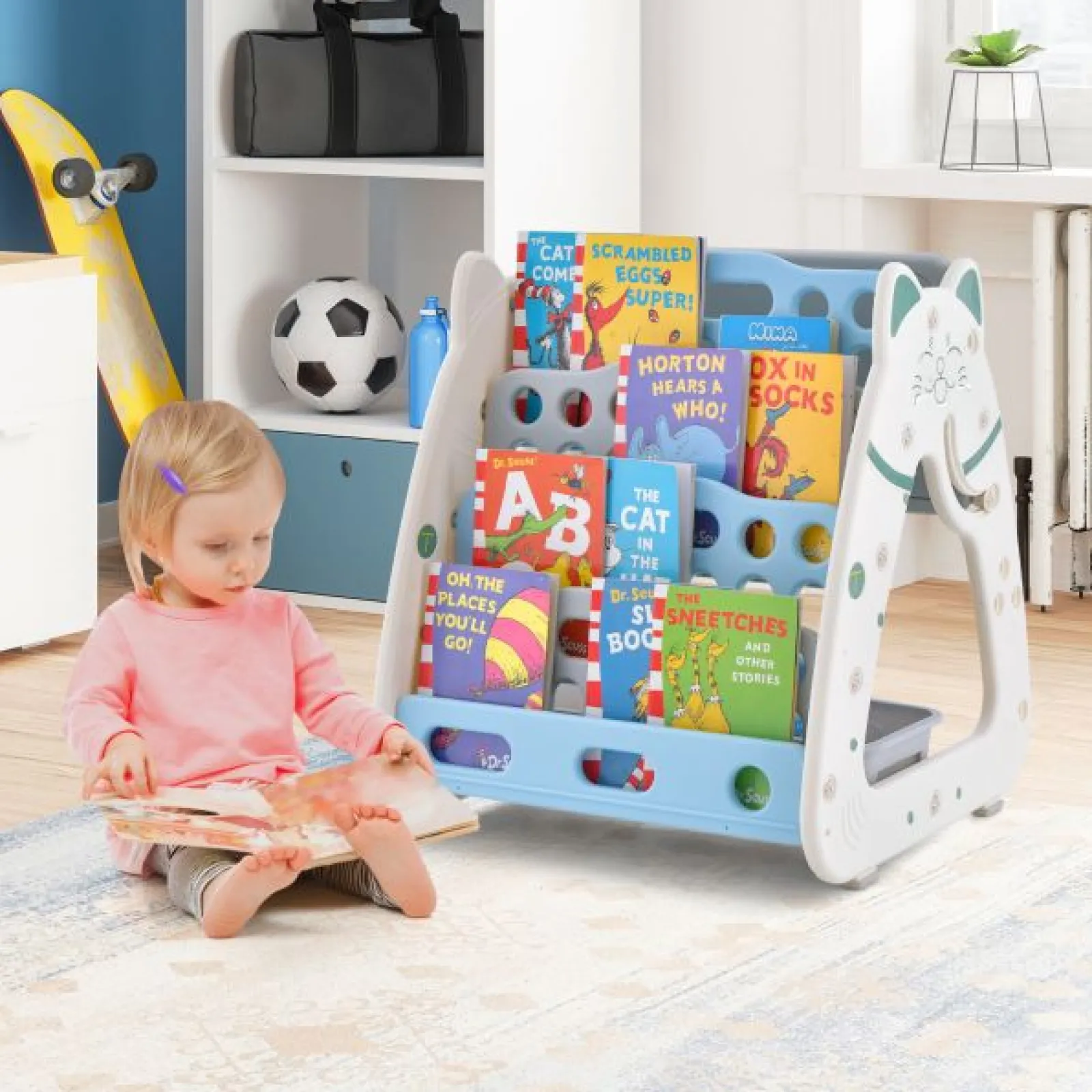 Kinder Little Helper 3-in-1-Staffelei für Kinder, höhenverstellbar, magnetisch, trocken abwischbar | Schreibtisch | Bücherregal und Hocker | Blau/Grau