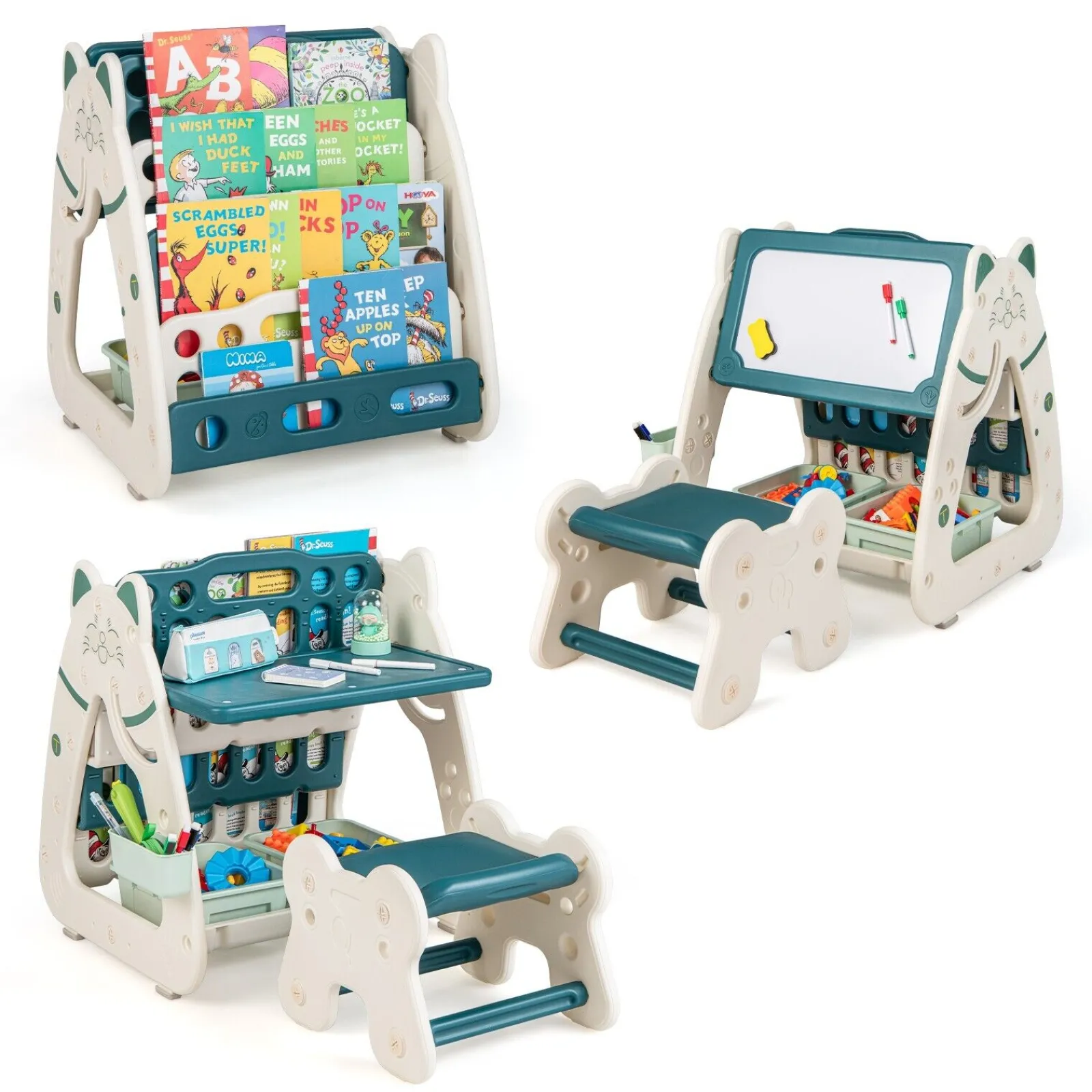 Kinder Little Helper 3-in-1-Staffelei für Kinder, höhenverstellbar, magnetisch, trocken abwischbar | Schreibtisch | Bücherregal und Hocker | Blaugrün