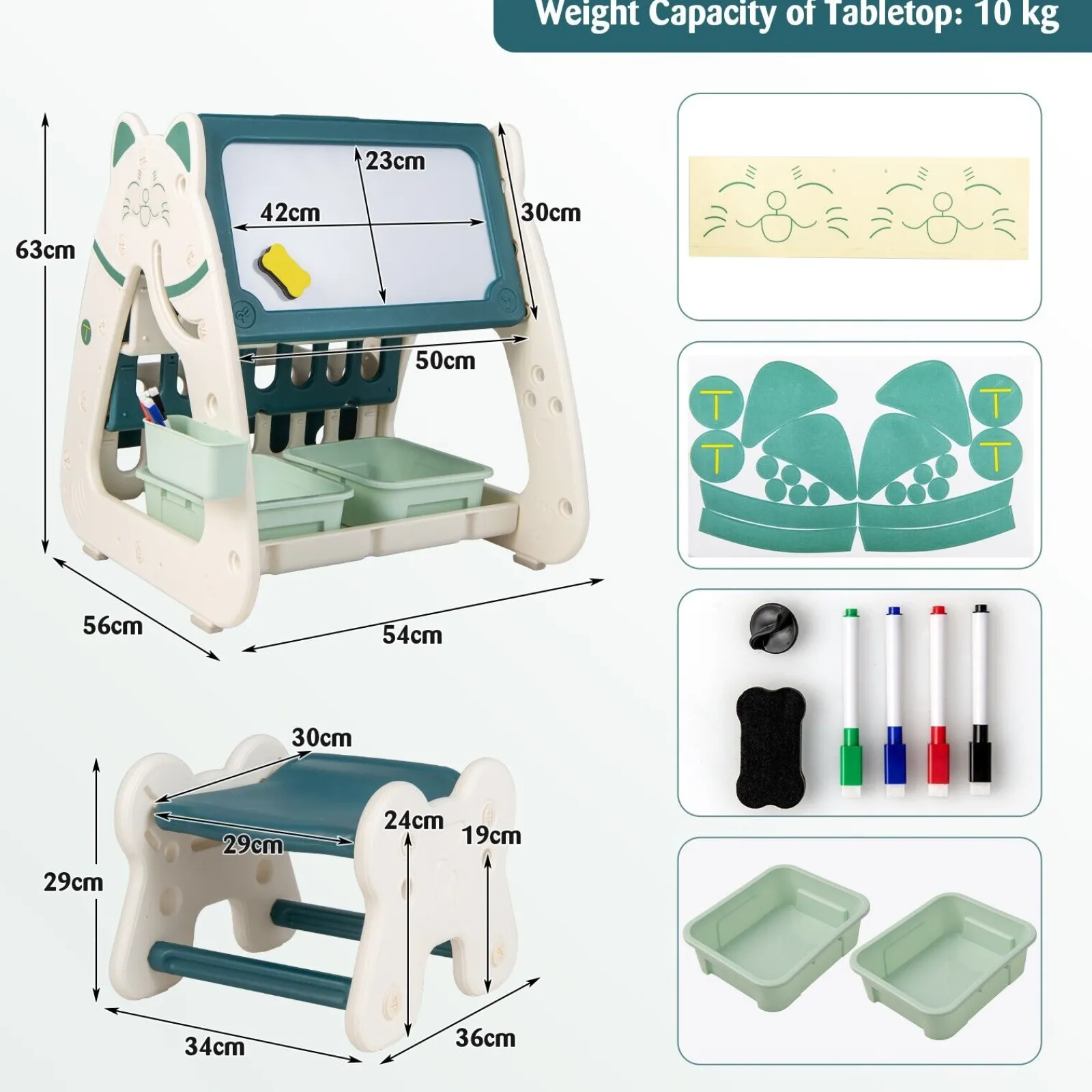 Kinder Little Helper 3-in-1-Staffelei für Kinder, höhenverstellbar, magnetisch, trocken abwischbar | Schreibtisch | Bücherregal und Hocker | Blaugrün