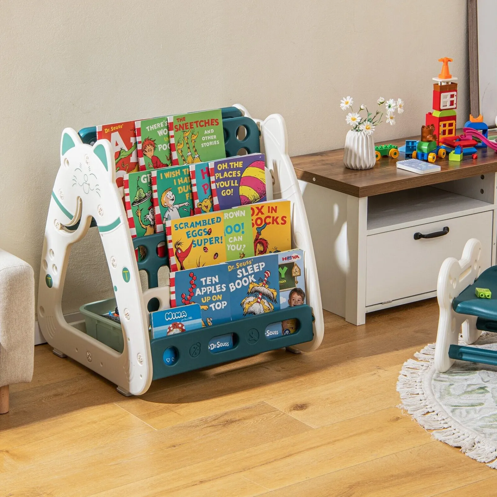 Kinder Little Helper 3-in-1-Staffelei für Kinder, höhenverstellbar, magnetisch, trocken abwischbar | Schreibtisch | Bücherregal und Hocker | Blaugrün