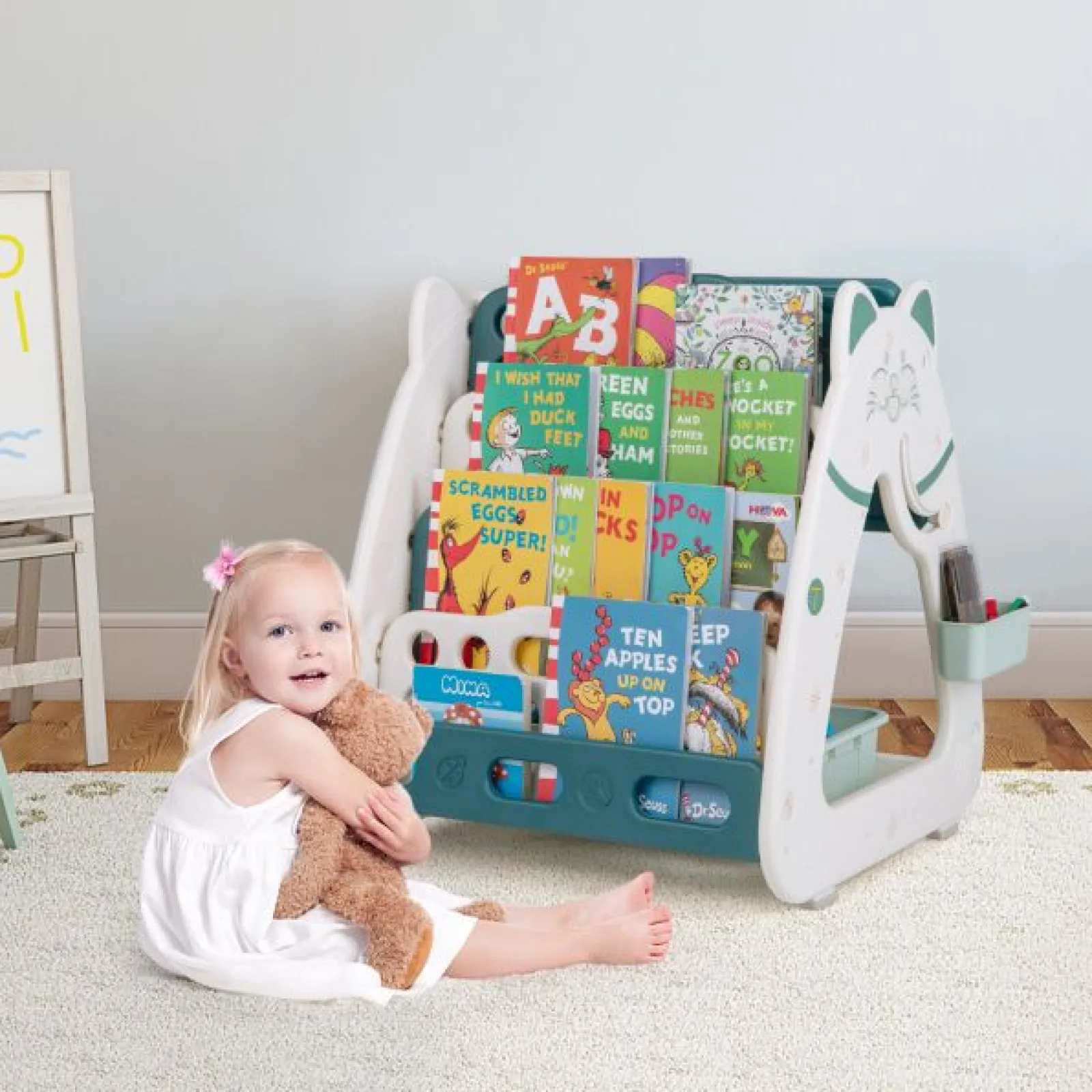 Kinder Little Helper 3-in-1-Staffelei für Kinder, höhenverstellbar, magnetisch, trocken abwischbar | Schreibtisch | Bücherregal und Hocker | Blaugrün