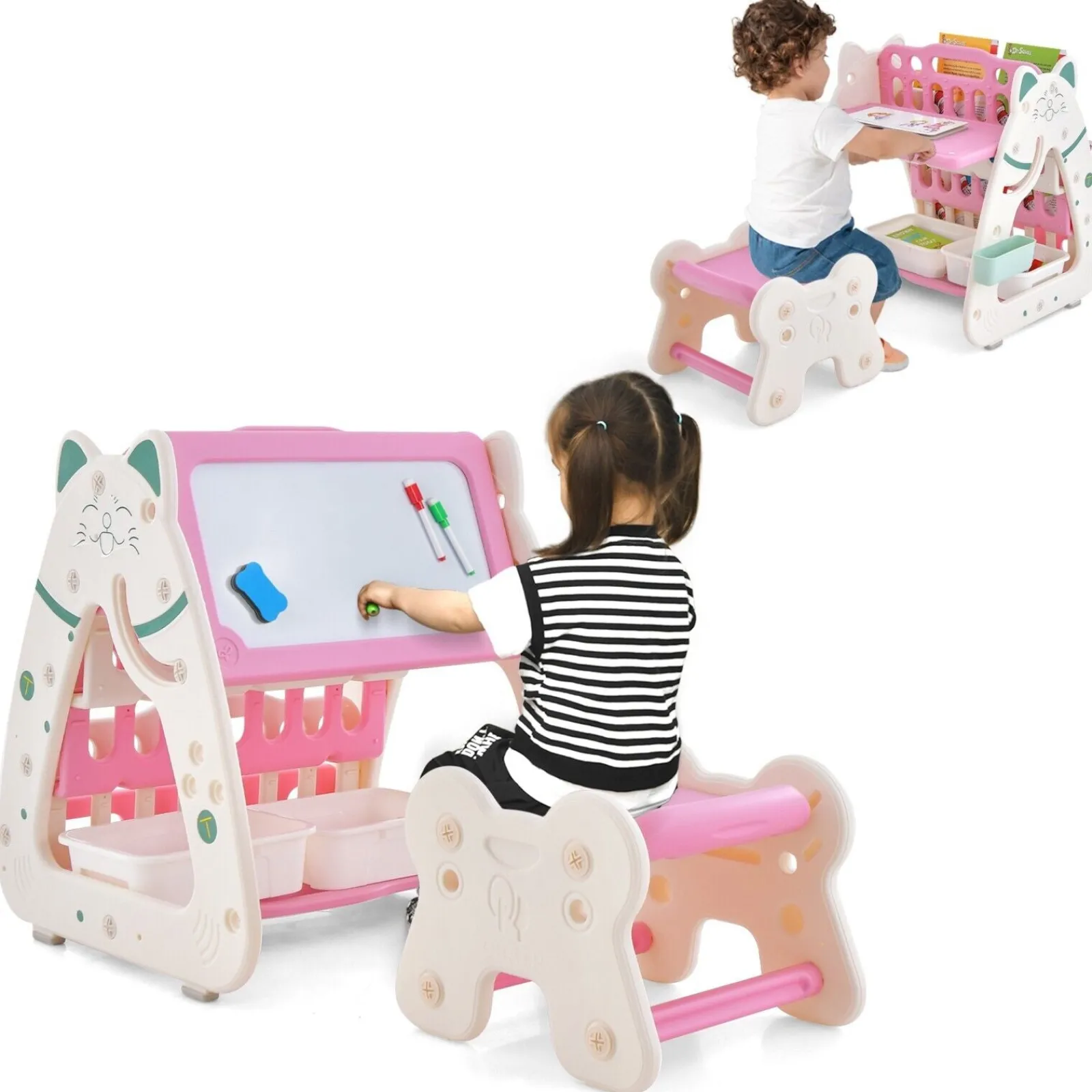 Kinder Little Helper 3-in-1-Staffelei für Kinder, höhenverstellbar, magnetisch, trocken abwischbar | Schreibtisch | Bücherregal und Hocker | Rosa/Weiß