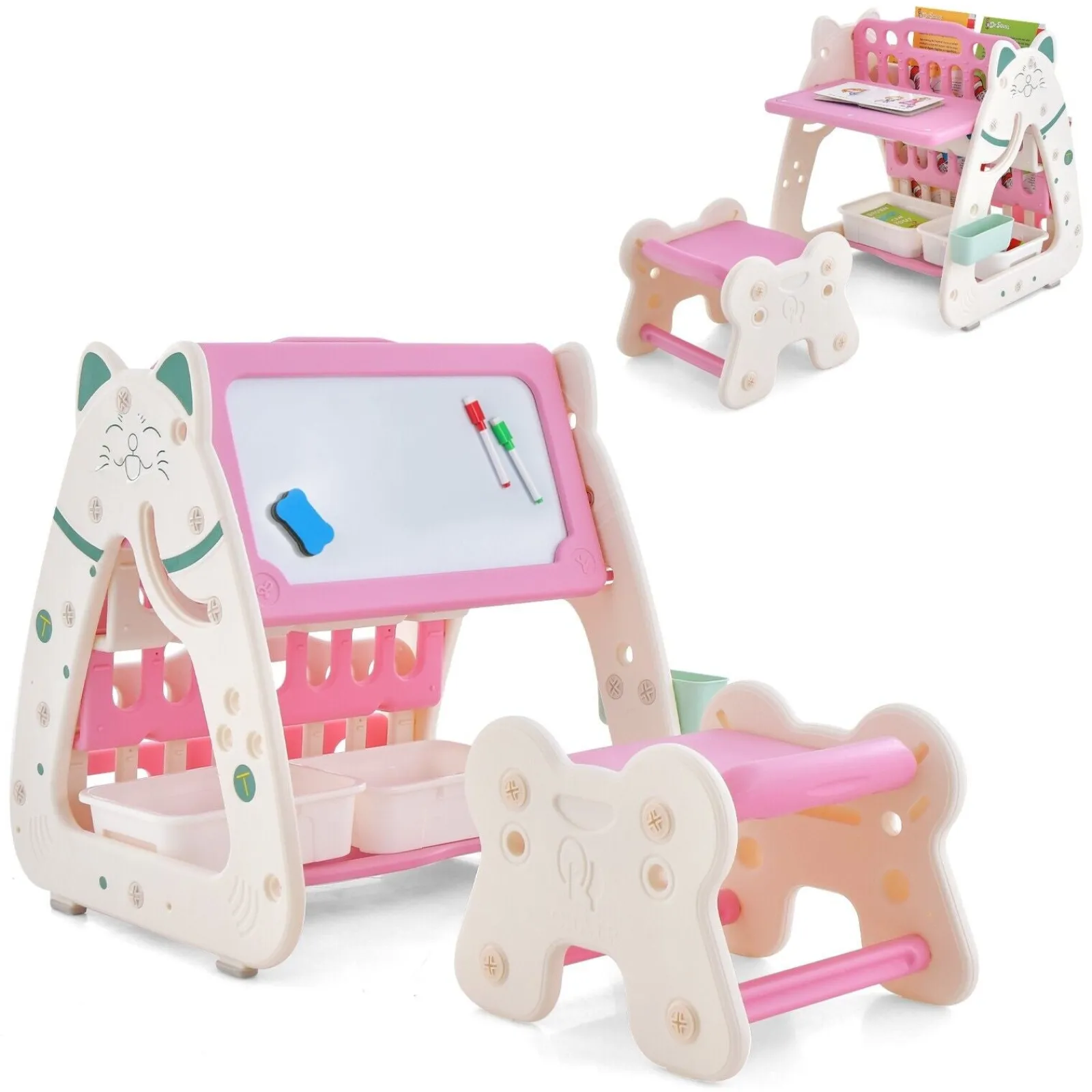 Kinder Little Helper 3-in-1-Staffelei für Kinder, höhenverstellbar, magnetisch, trocken abwischbar | Schreibtisch | Bücherregal und Hocker | Rosa/Weiß