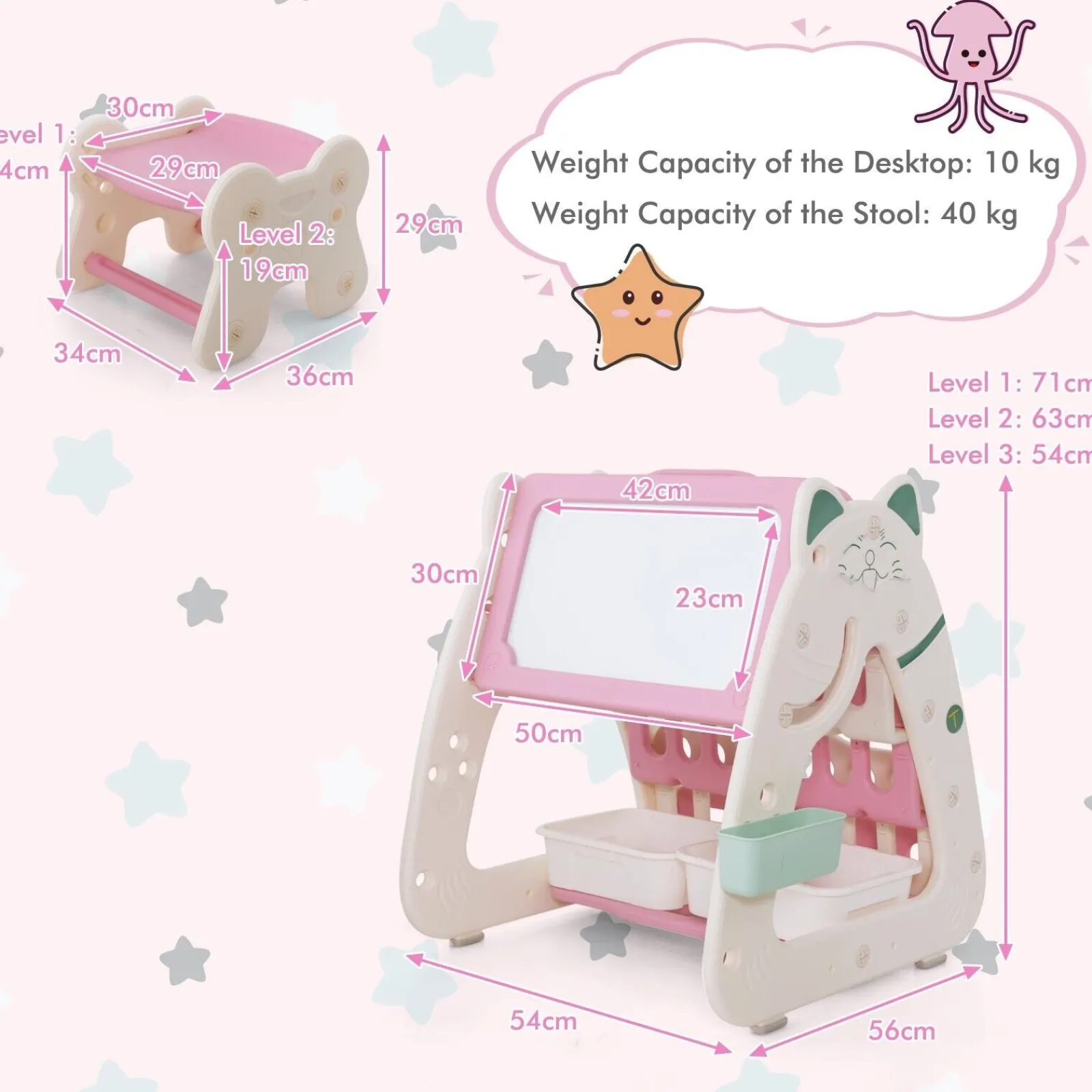 Kinder Little Helper 3-in-1-Staffelei für Kinder, höhenverstellbar, magnetisch, trocken abwischbar | Schreibtisch | Bücherregal und Hocker | Rosa/Weiß