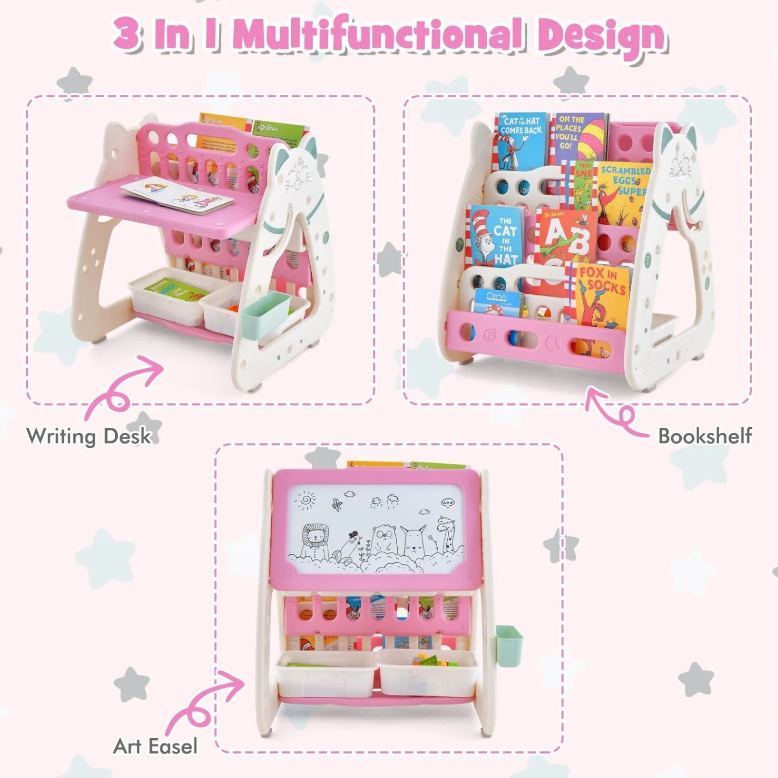 Kinder Little Helper 3-in-1-Staffelei für Kinder, höhenverstellbar, magnetisch, trocken abwischbar | Schreibtisch | Bücherregal und Hocker | Rosa/Weiß