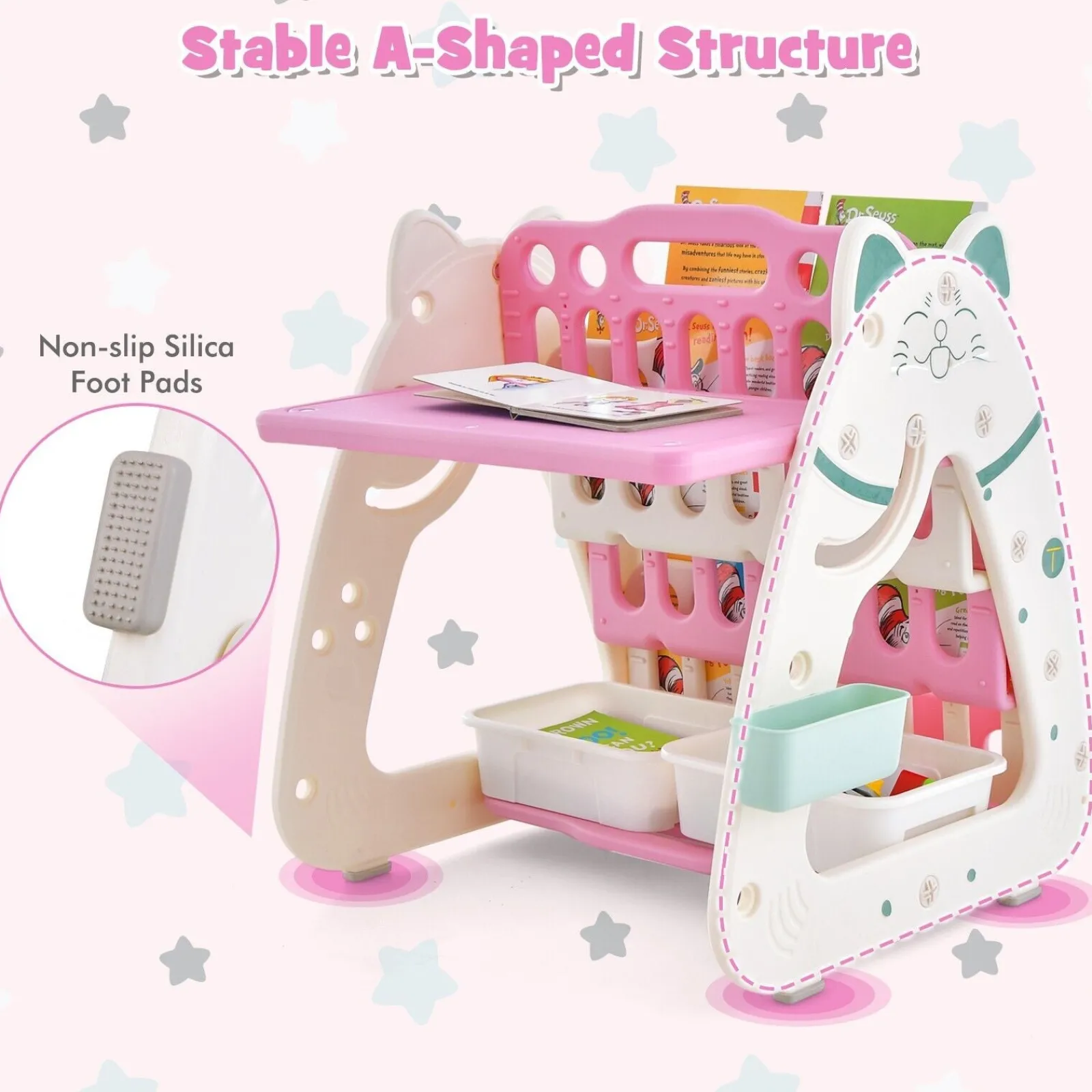Kinder Little Helper 3-in-1-Staffelei für Kinder, höhenverstellbar, magnetisch, trocken abwischbar | Schreibtisch | Bücherregal und Hocker | Rosa/Weiß