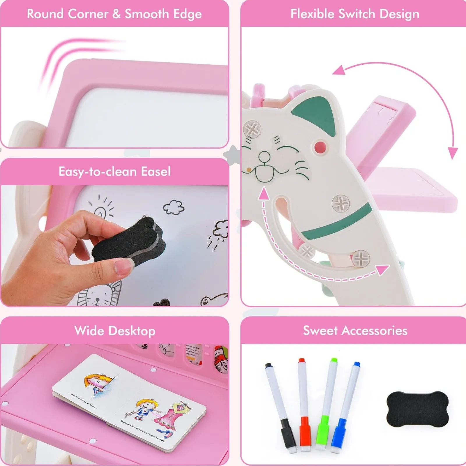 Kinder Little Helper 3-in-1-Staffelei für Kinder, höhenverstellbar, magnetisch, trocken abwischbar | Schreibtisch | Bücherregal und Hocker | Rosa/Weiß