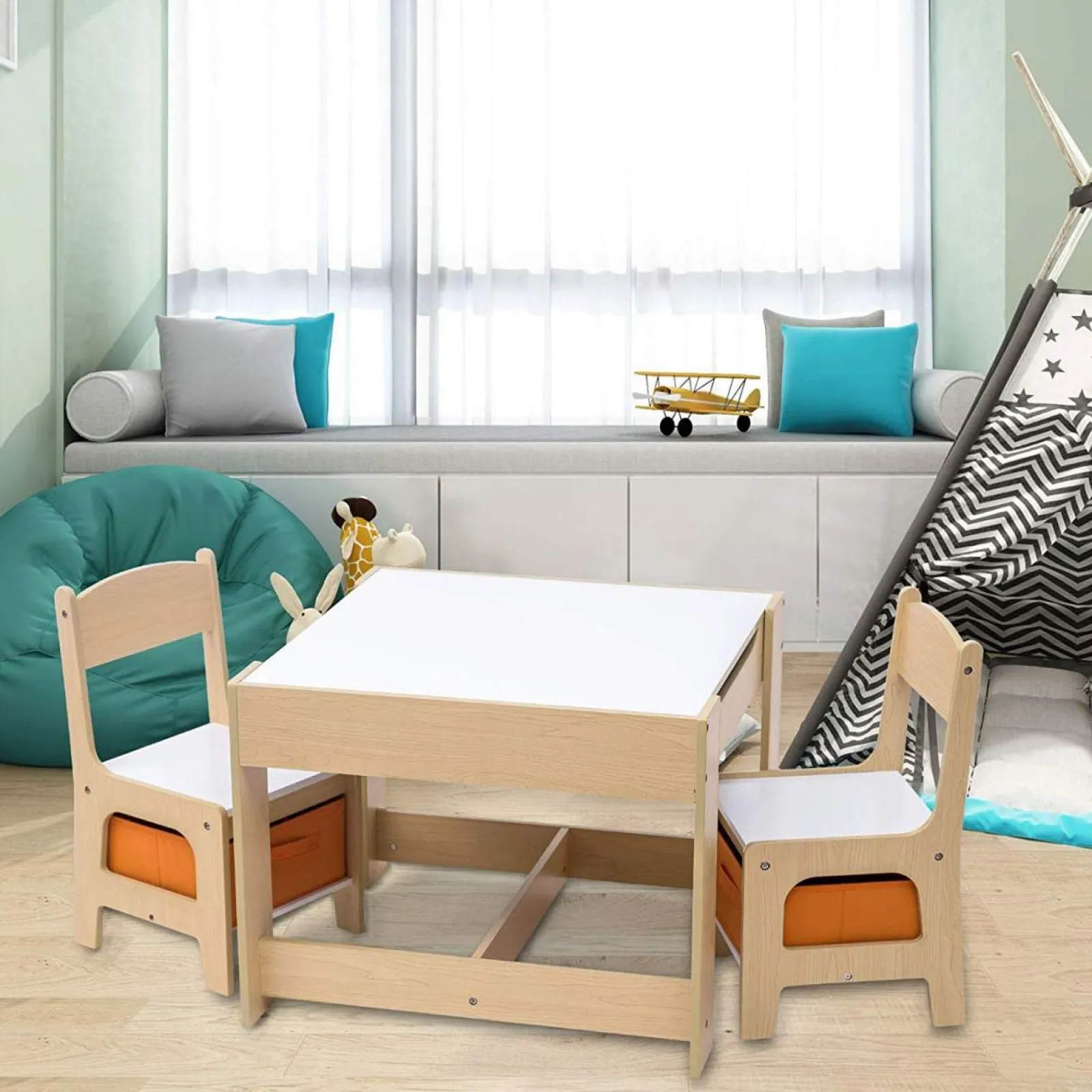Kinder Little Helper 3-in-1-Tisch und -Stühle für Kinder | Wendbare Tischplatte | Tafel | Orangefarbene Aufbewahrungsschubladen