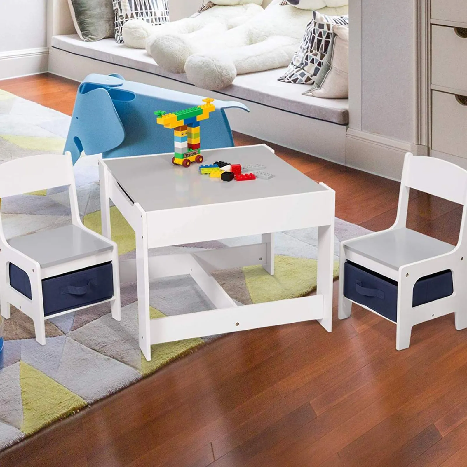 Kinder Little Helper 3-in-1-Tisch und -Stühle für Kinder | Wendbare Tischplatte | Tafel | Schubladen in Marineblau