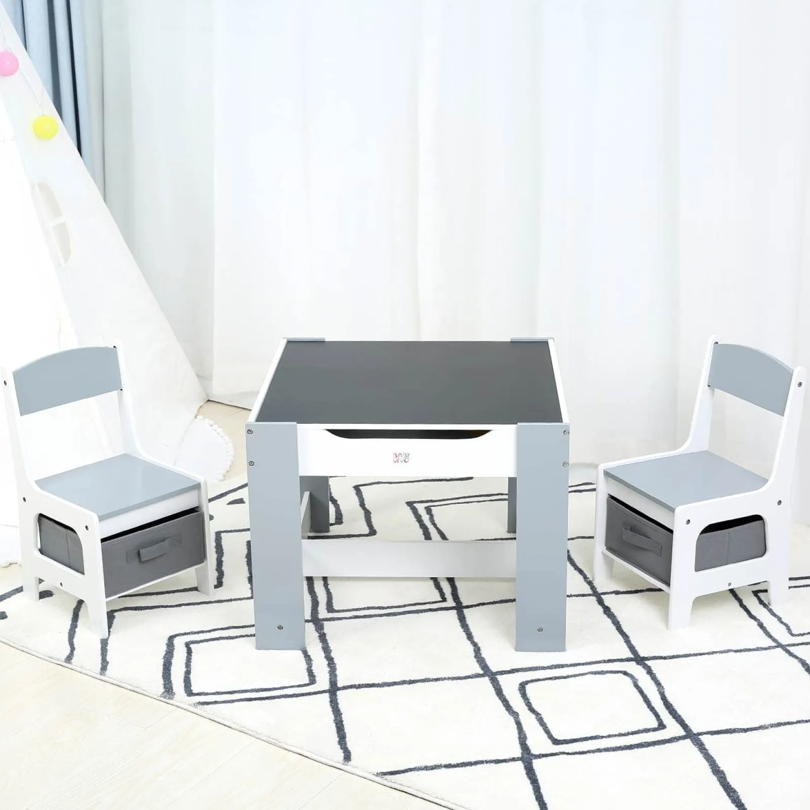 Kinder Little Helper 3-in-1-Tisch und -Stühle für Kinder | Wendbare Tischplatte | Tafel | Whiteboard grau mit Schubladen