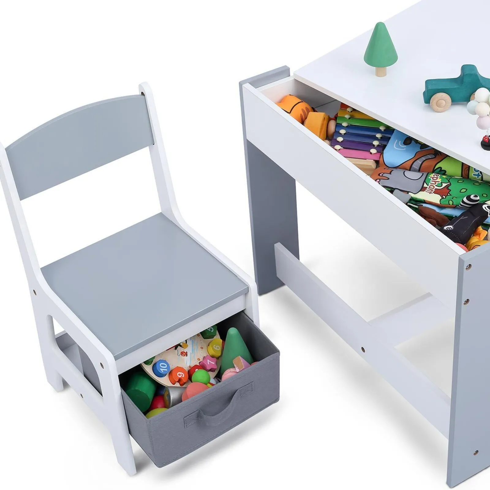 Kinder Little Helper 3-in-1-Tisch und -Stühle für Kinder | Wendbare Tischplatte | Tafel | Whiteboard grau mit Schubladen