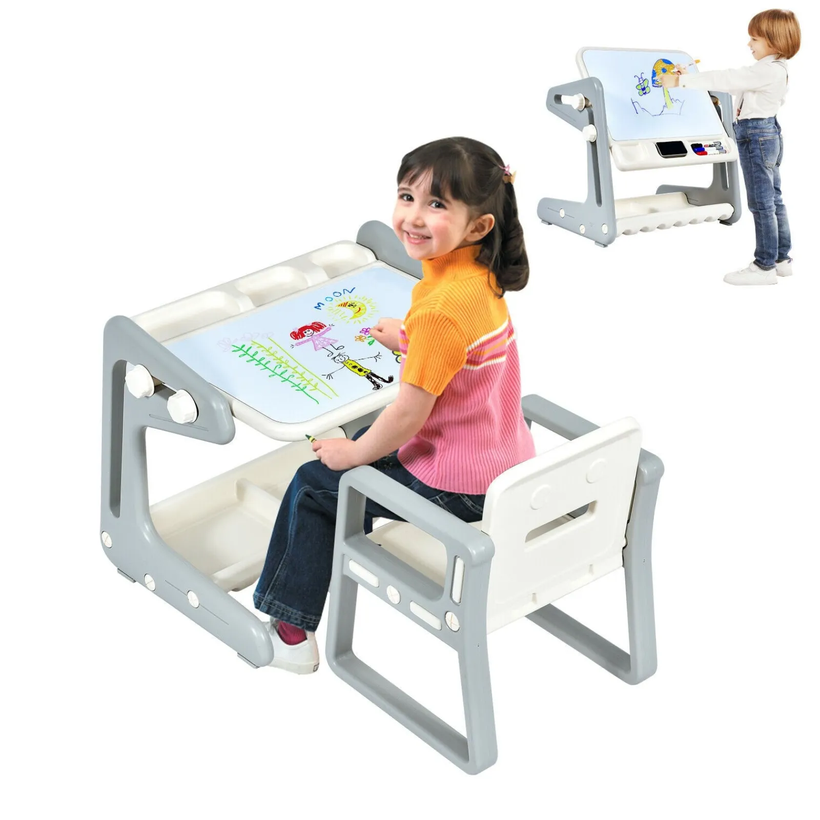 Kinder Little Helper 4-in-1-Tisch und -Stuhl für Kinder | Höhenverstellbares Whiteboard mit Staffelei | Trocken abwischbar und magnetisch | Aufbewahrung | Ab 3 Jahren
