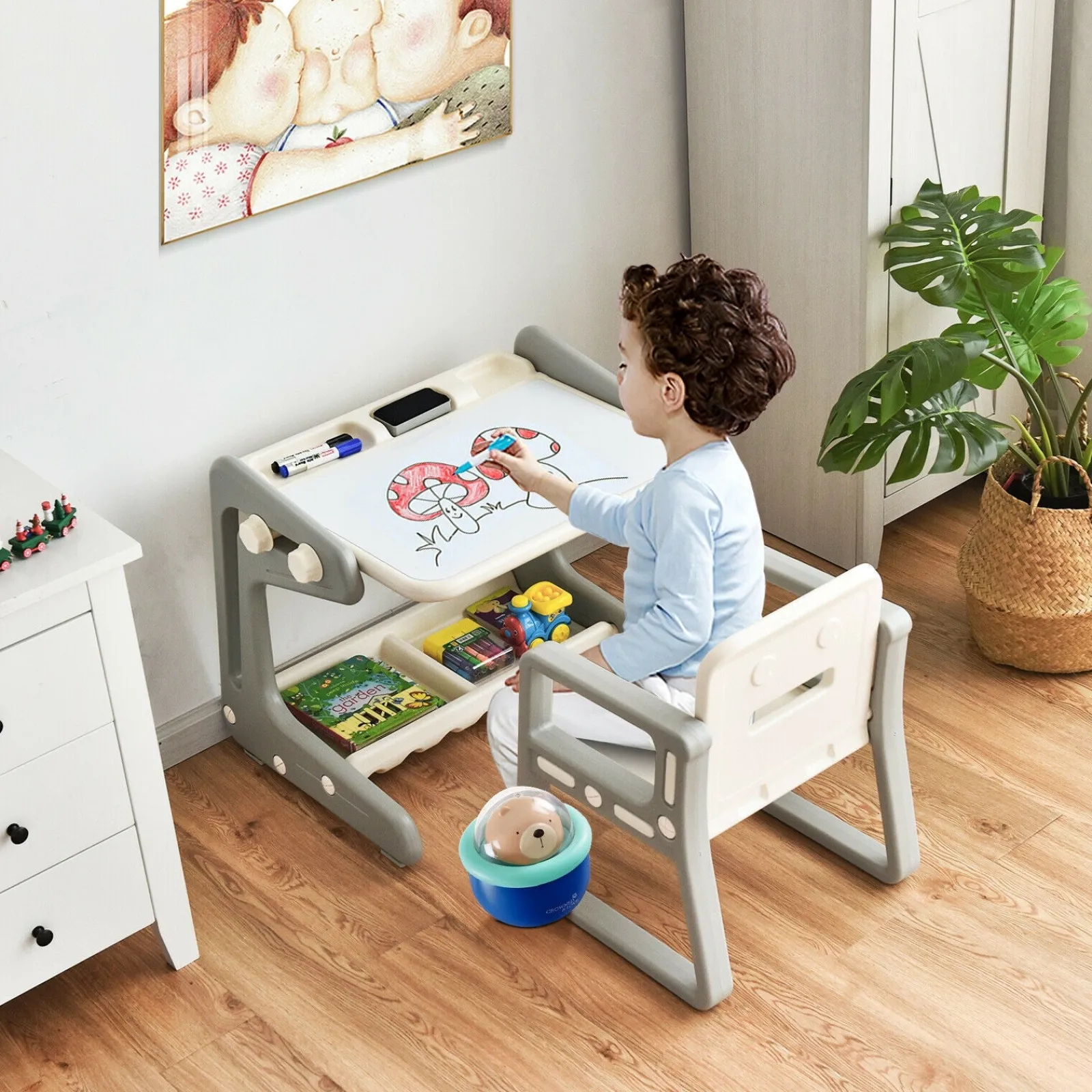 Kinder Little Helper 4-in-1-Tisch und -Stuhl für Kinder | Höhenverstellbares Whiteboard mit Staffelei | Trocken abwischbar und magnetisch | Aufbewahrung | Ab 3 Jahren