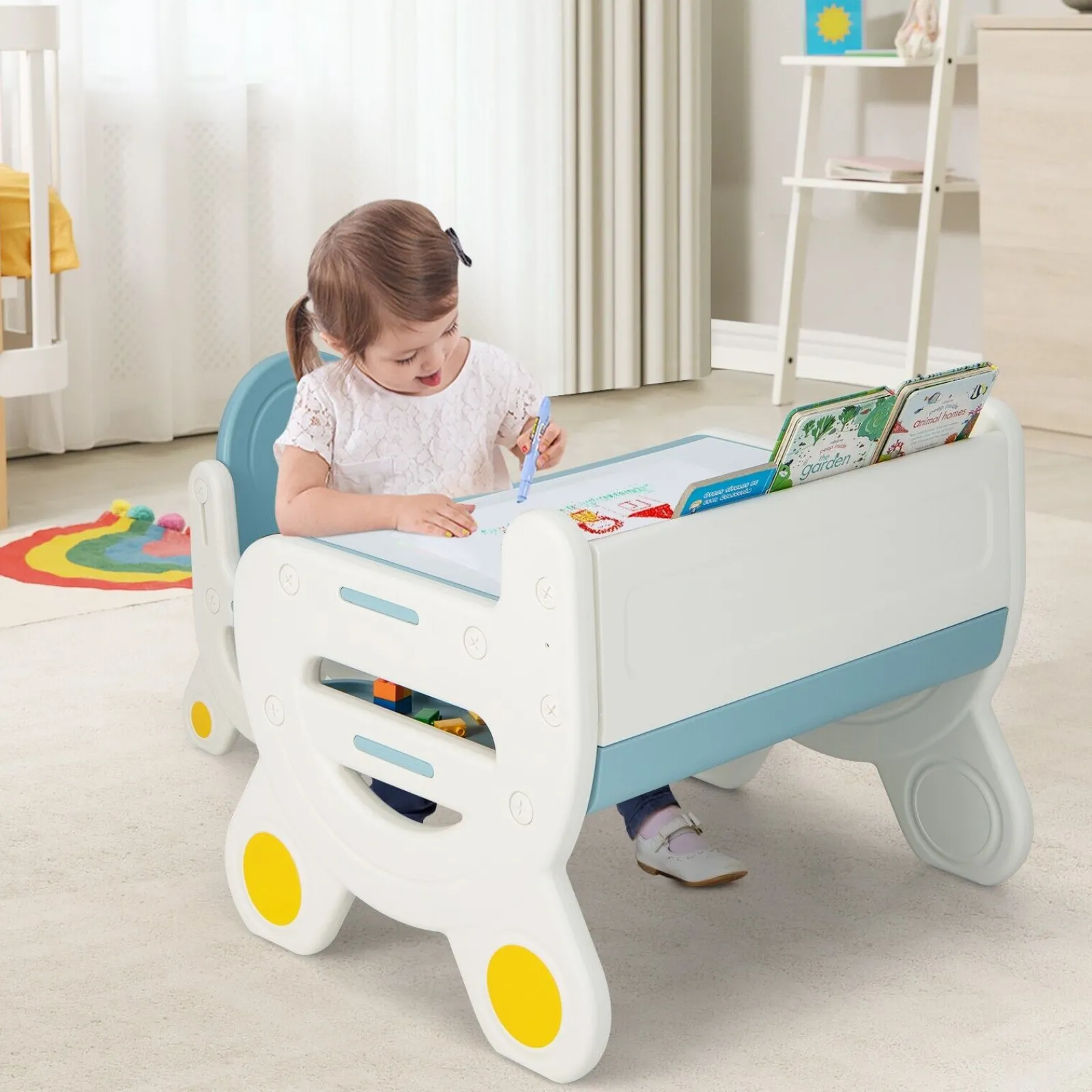 Kinder Little Helper 2-in-1-Tisch- und Stuhlset für Kinder mit Whiteboard-Oberseite und Stauraum | Aktivitätstisch für Kleinkinder | Radiergummi und trocken abwischbare Stifte