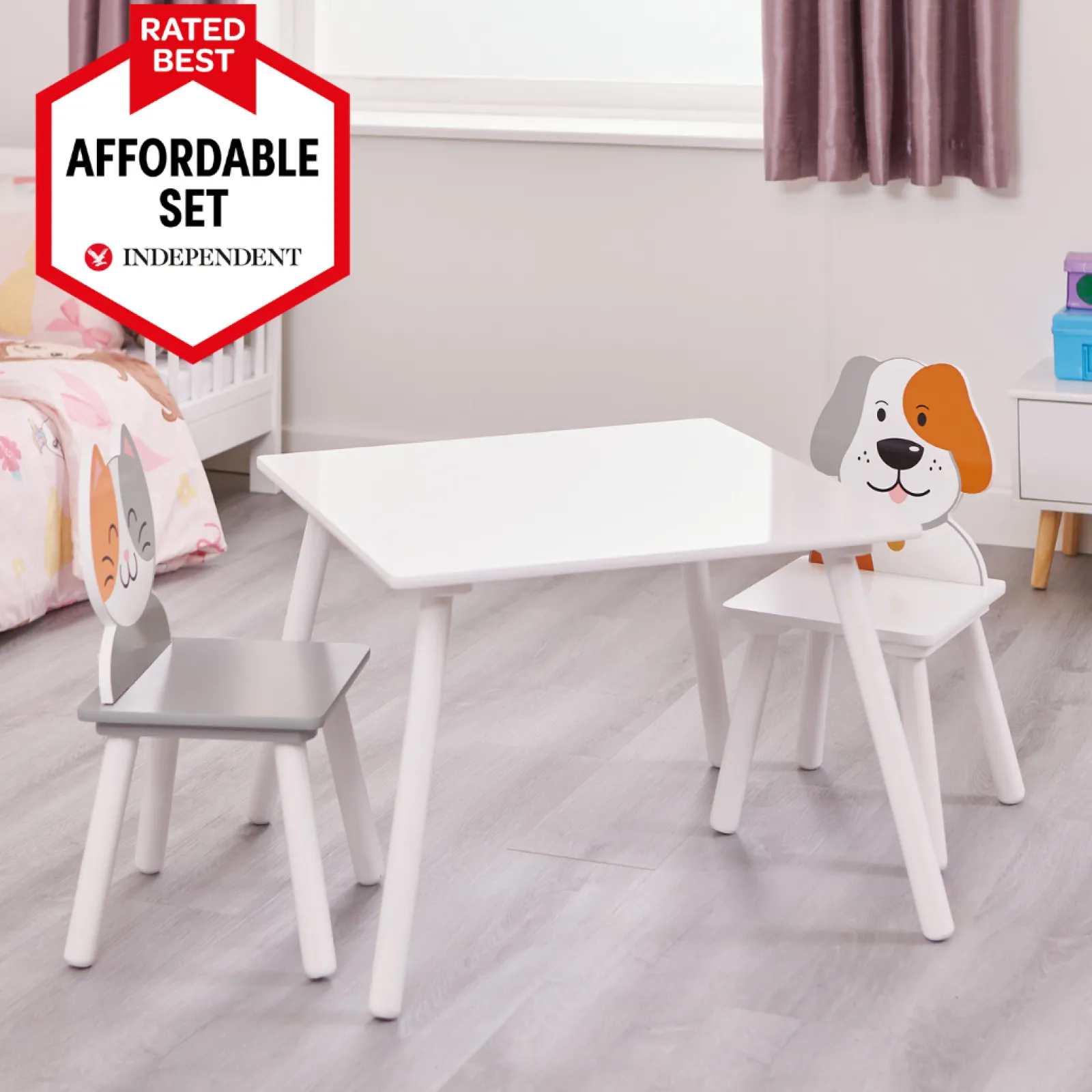 Kinder Little Helper Kinder | Kindertisch- und Stuhlset aus Holz für 2 | Weiß | Katzen- und Hundedesign
