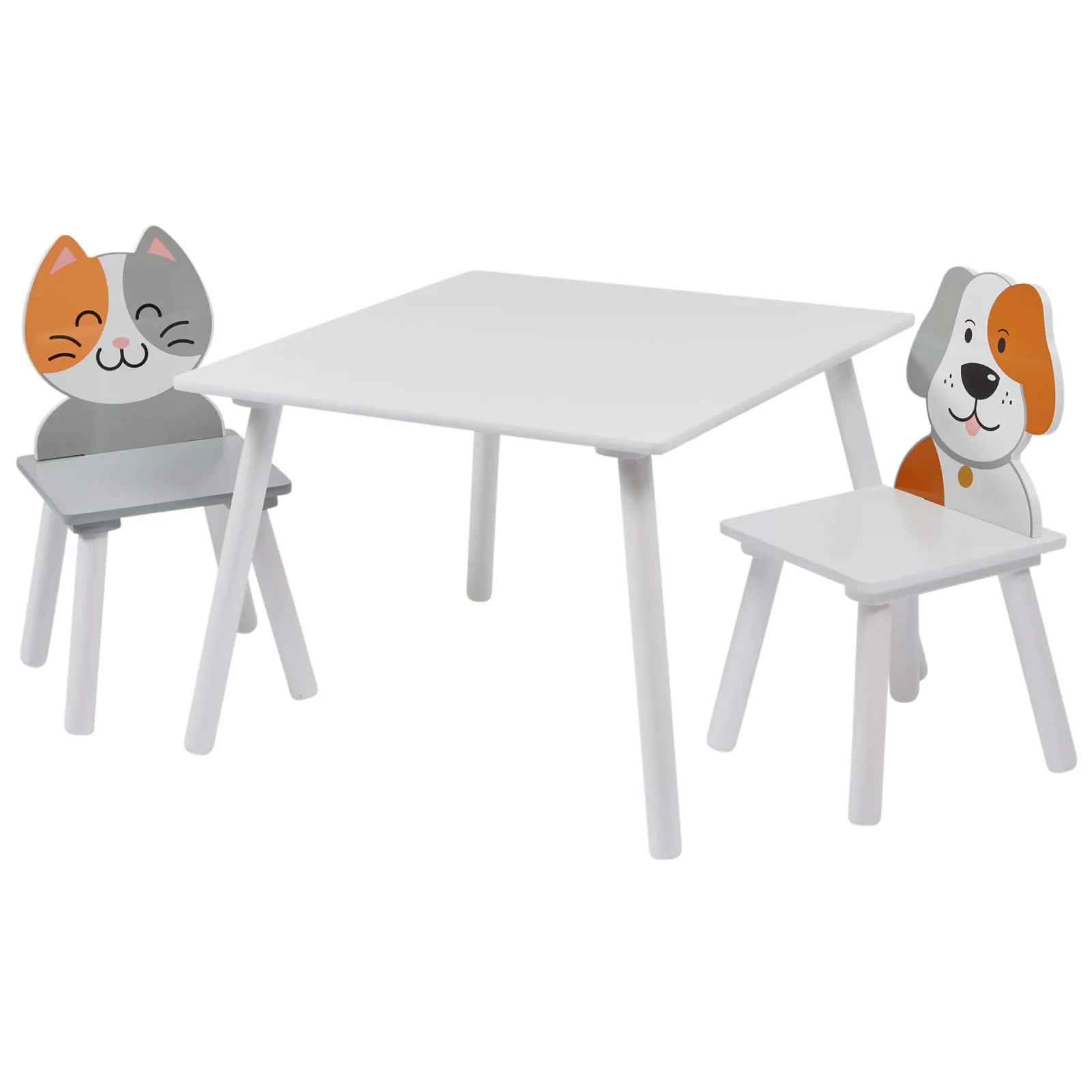 Kinder Little Helper Kinder | Kindertisch- und Stuhlset aus Holz für 2 | Weiß | Katzen- und Hundedesign