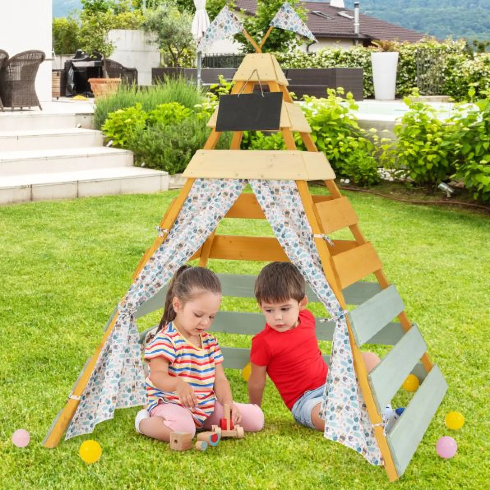 Little Helper Kinder umweltfreundliches natürliches Holz-Montessori-Tipi | Spielhaus oder Höhle mit Vorhängen | 1,7 m hoch