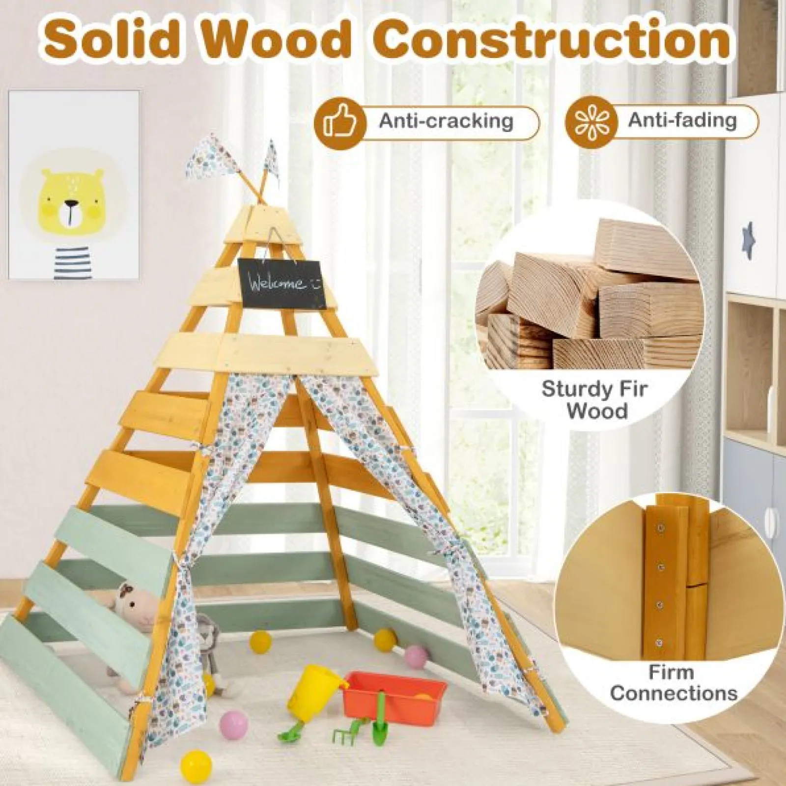 Little Helper Kinder umweltfreundliches natürliches Holz-Montessori-Tipi | Spielhaus oder Höhle mit Vorhängen | 1,7 m hoch