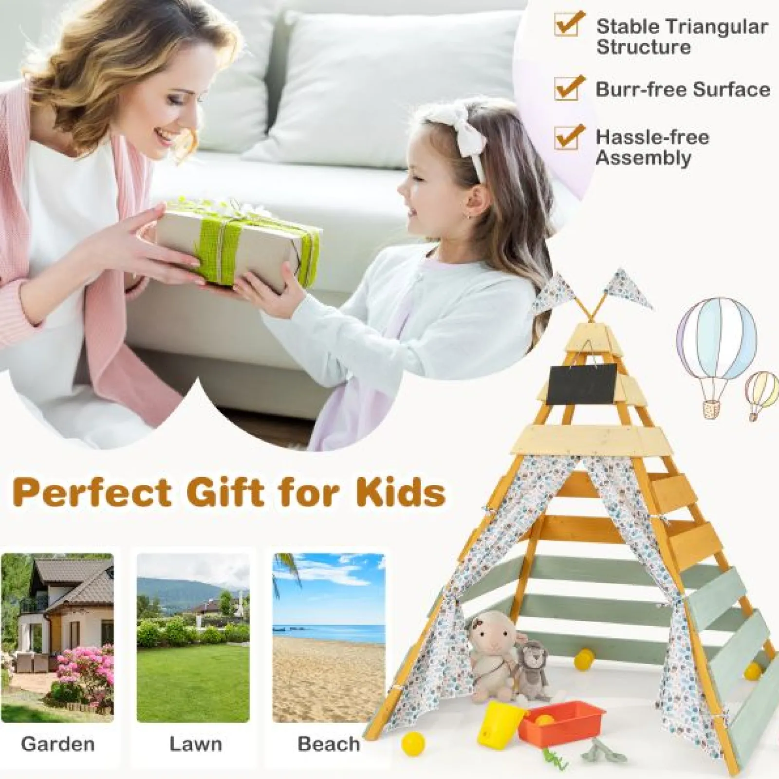 Little Helper Kinder umweltfreundliches natürliches Holz-Montessori-Tipi | Spielhaus oder Höhle mit Vorhängen | 1,7 m hoch
